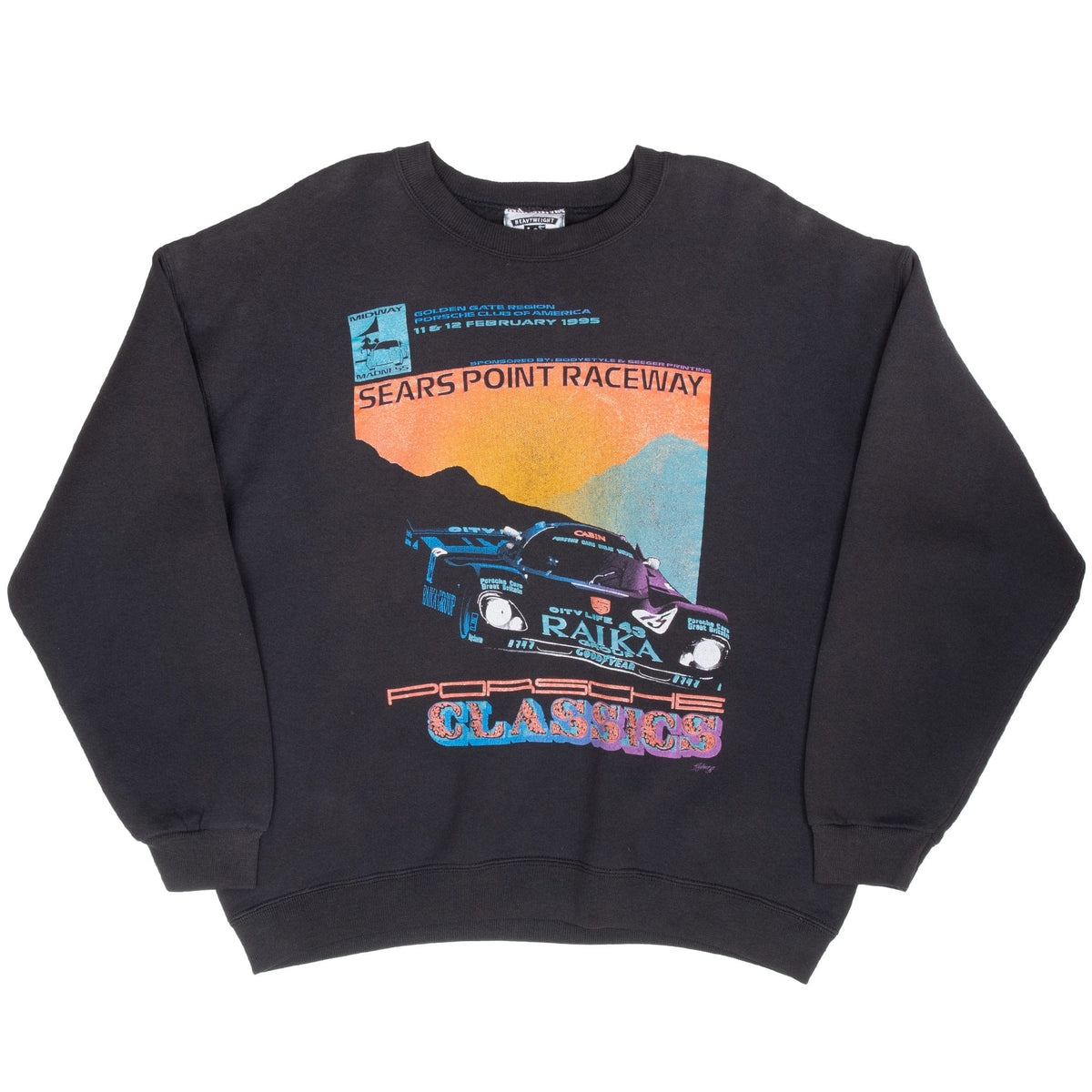 Full front view of black Porsche crewneck sweatshirt with Sears Point Raceway graphic