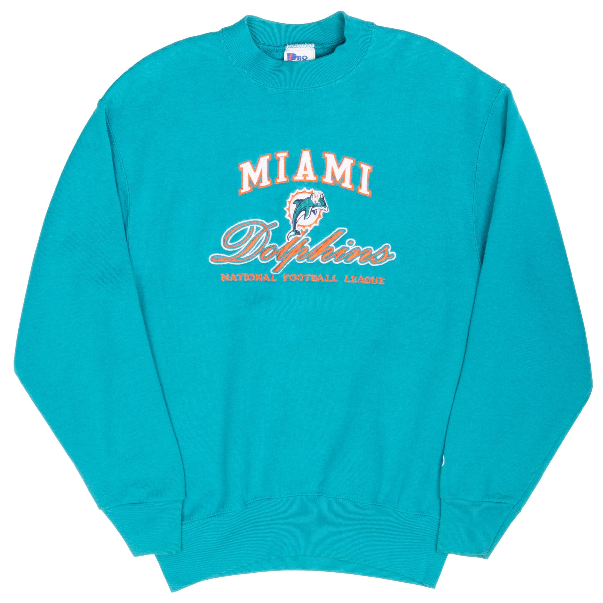 Full front view of aqua Miami Dolphins sweatshirt with ribbed crewneck, cuffs, and hem