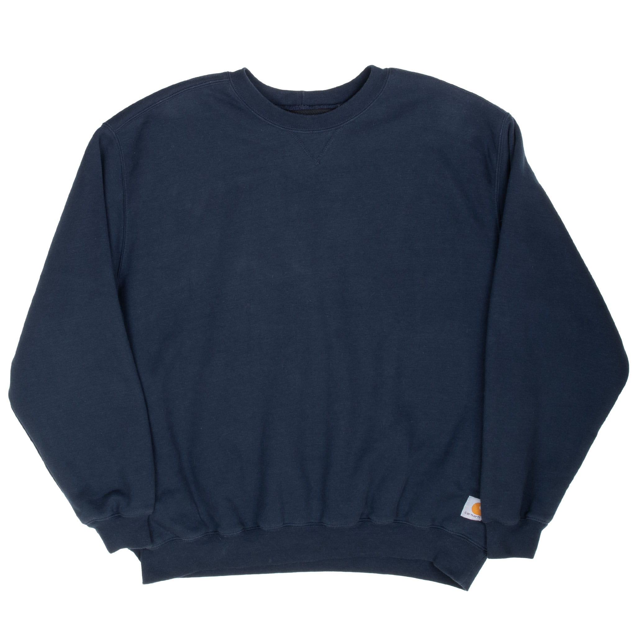 Full front view of navy blue Carhartt crewneck sweatshirt with ribbed cuffs and hem