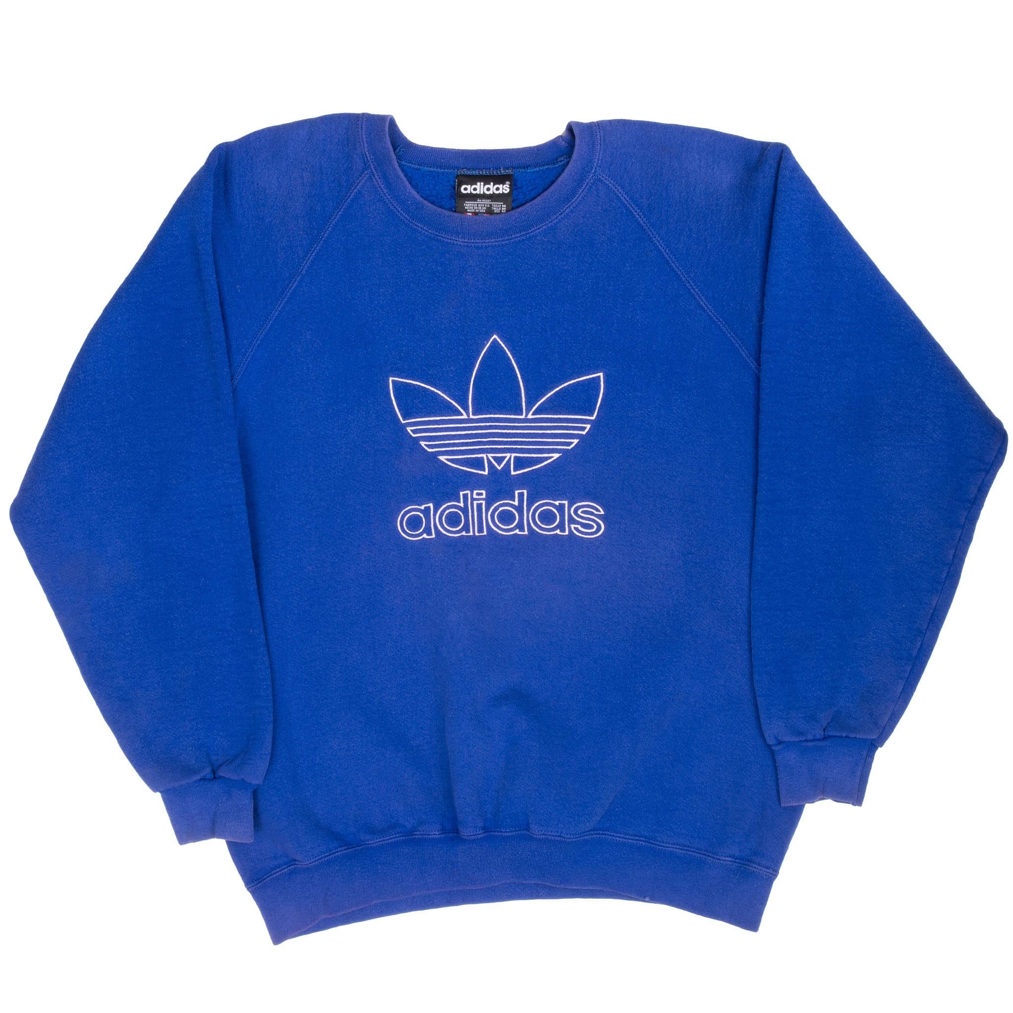 Front of blue Adidas crewneck sweatshirt with outlined Trefoil logo and spellout