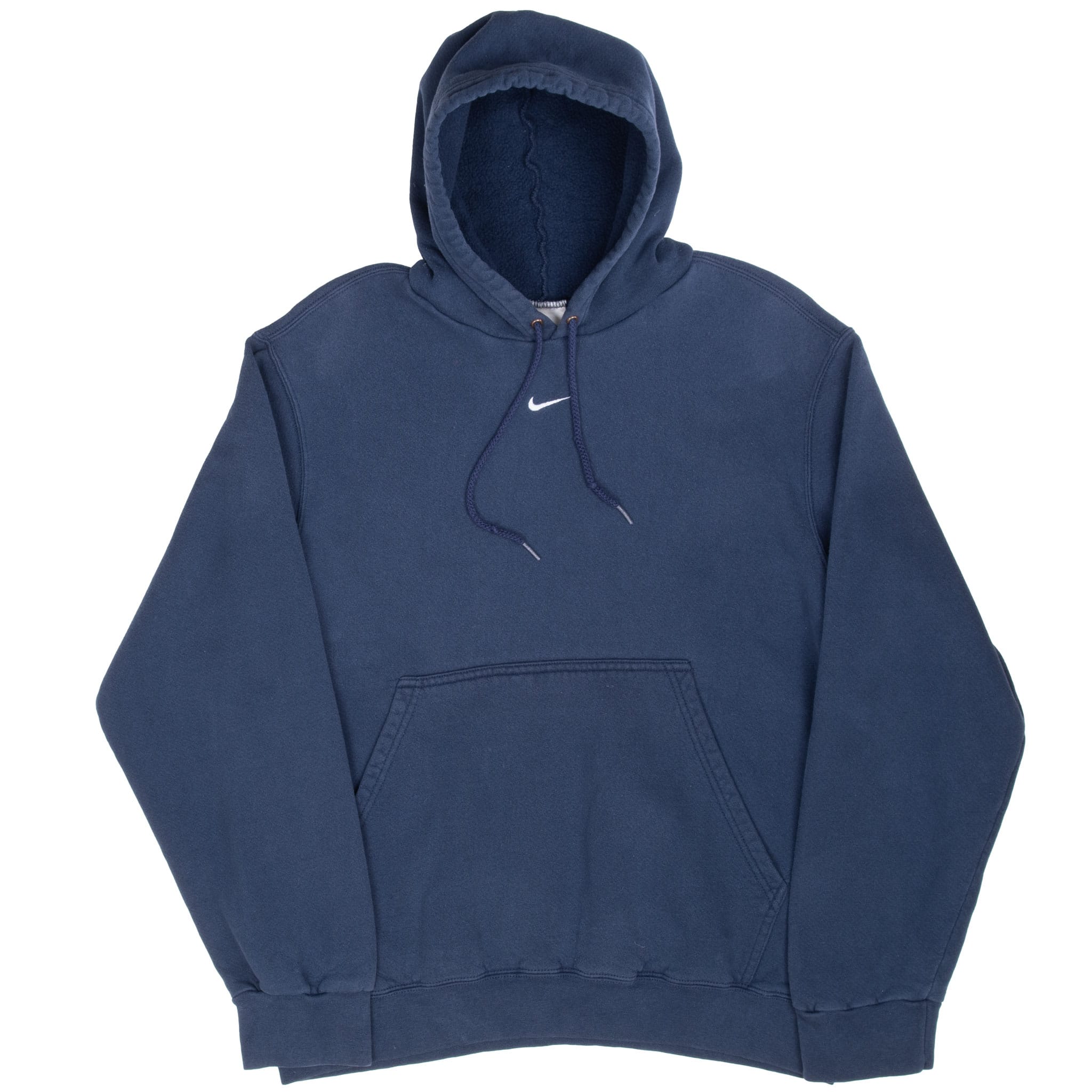 Full front view of navy blue Nike hoodie with drawstring hood and white center Swoosh