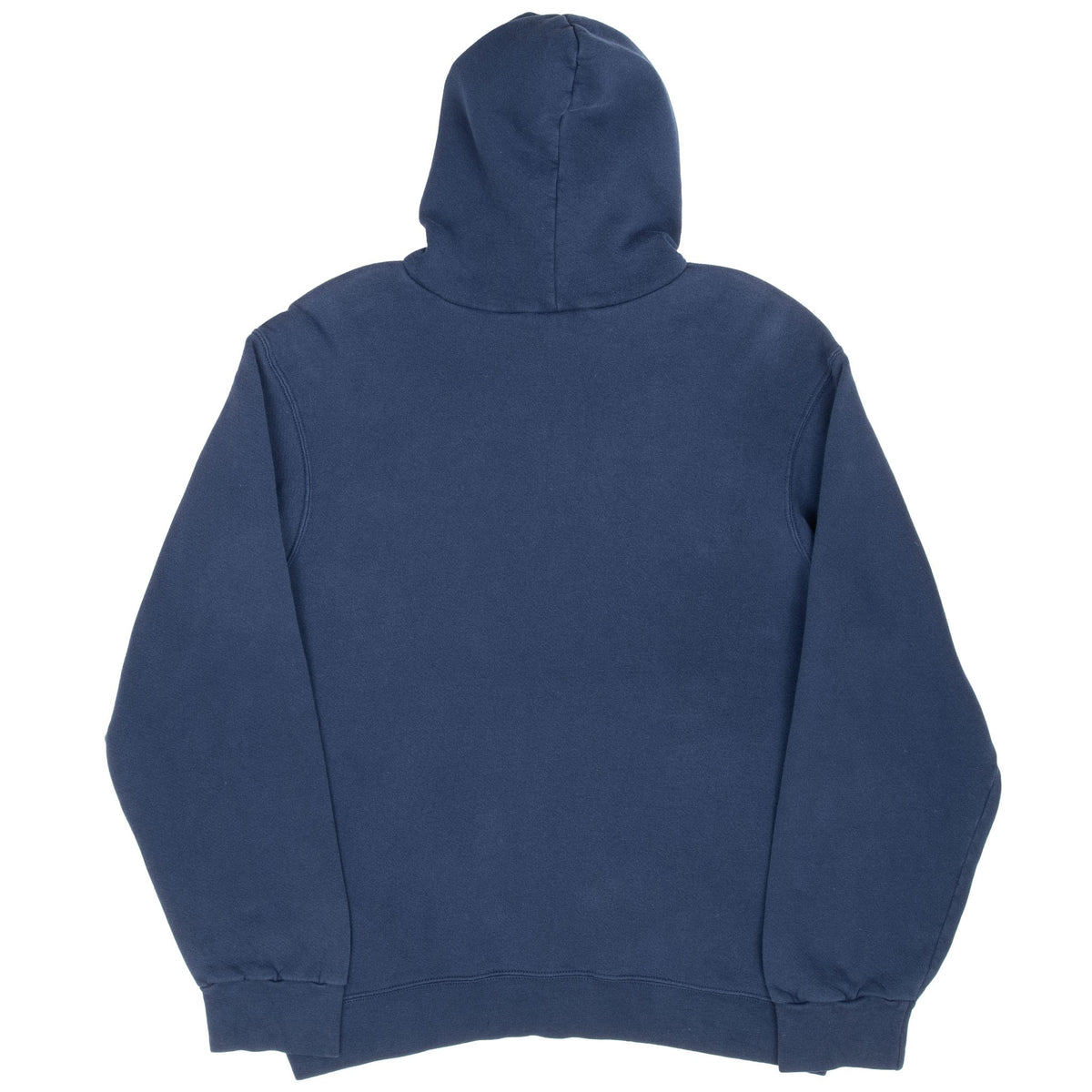 Back of navy blue Nike pullover hoodie with ribbed cuffs and hem