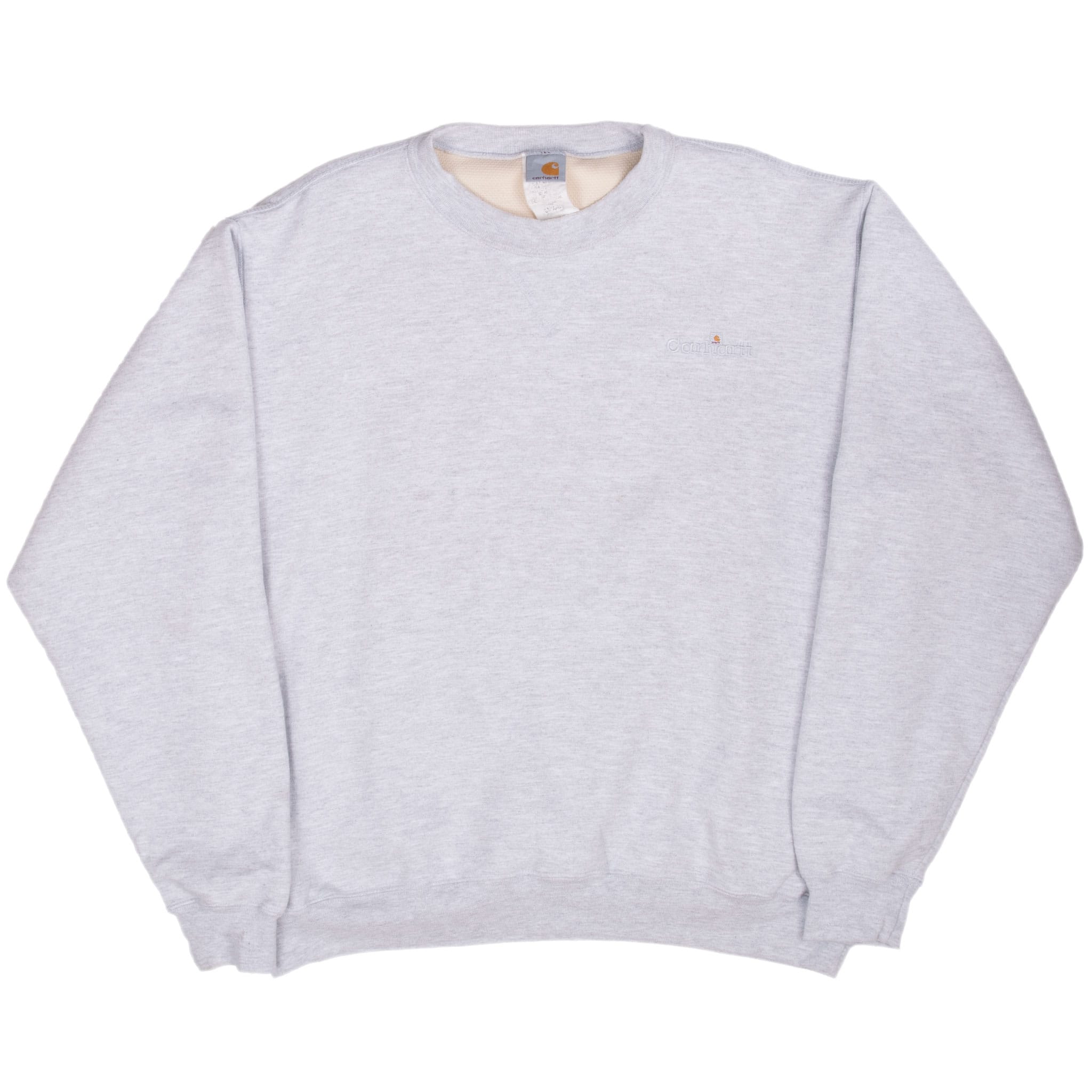 Full front of grey Carhartt crewneck sweatshirt with ribbed cuffs and hem