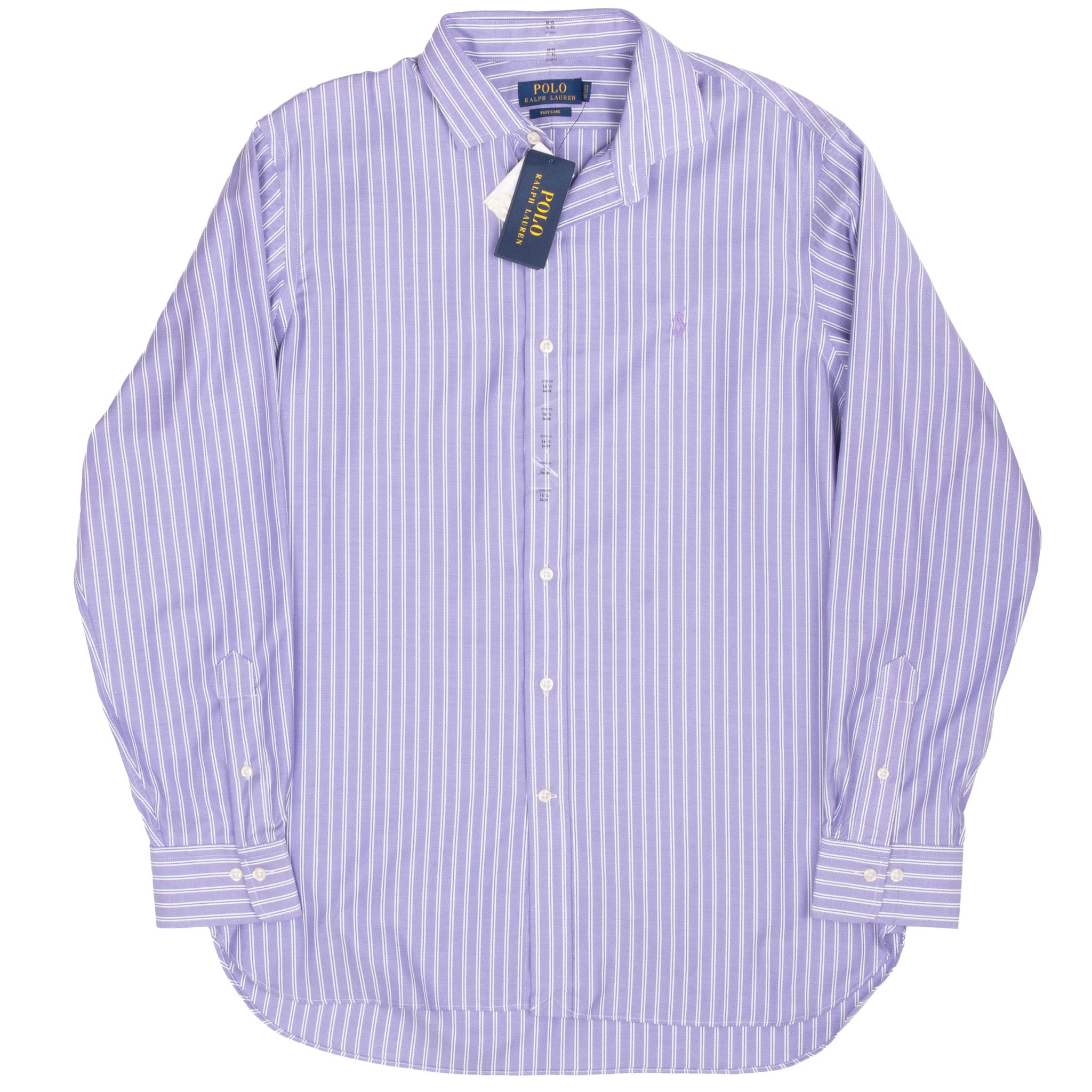 Full front view of Polo Ralph Lauren lavender striped button-front shirt with tags