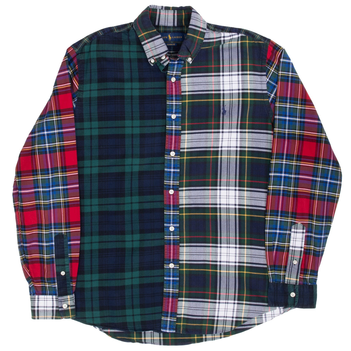 Full front view of Ralph Lauren patchwork plaid button-down shirt with curved hem
