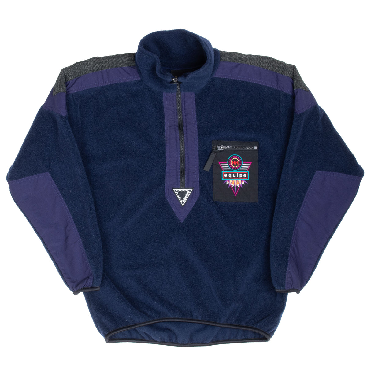 Full front view of navy Helly Hansen Equipe fleece pullover with purple sleeve panels
