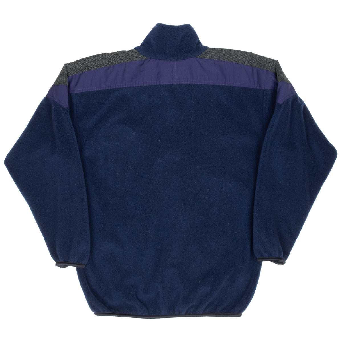 Back of navy Helly Hansen fleece pullover with purple and gray shoulder panels