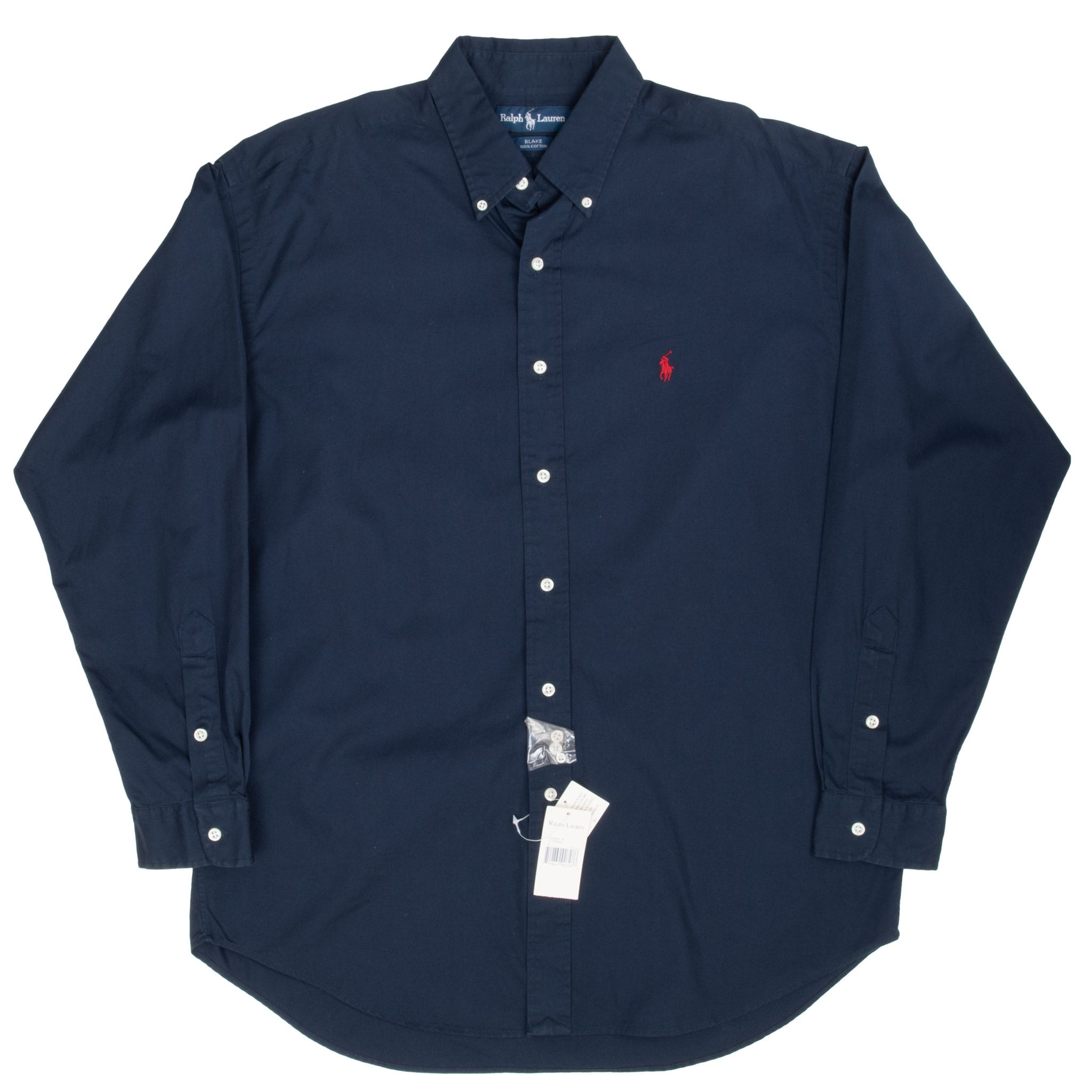 Full front view of navy Ralph Lauren Blake button-down shirt with white buttons and tags