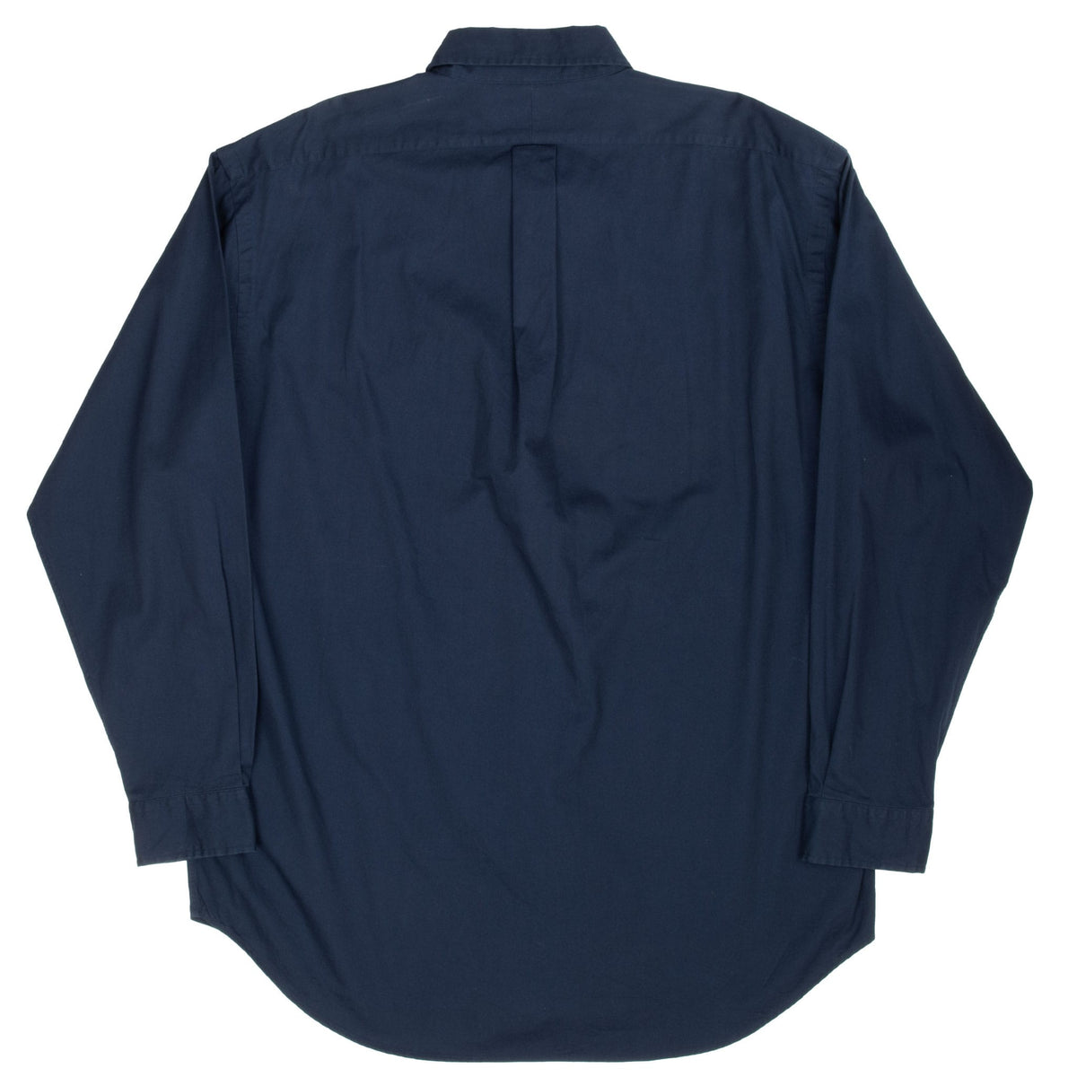 Back of navy Ralph Lauren Blake long-sleeve shirt with center box pleat and curved hem