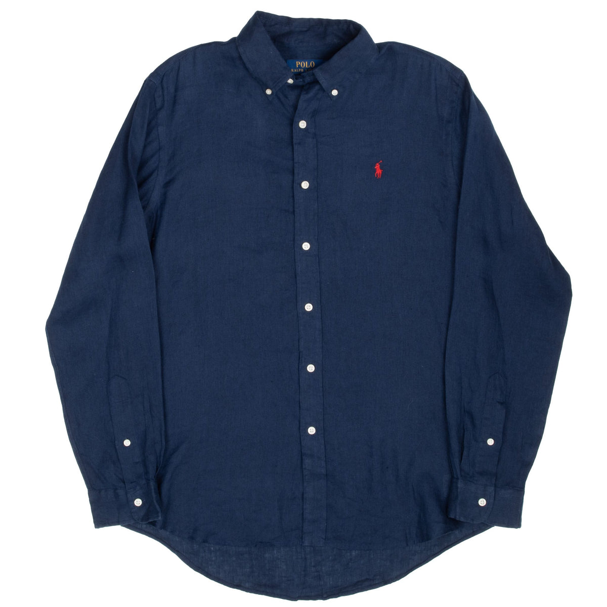 Full front view of Polo Ralph Lauren navy linen shirt with long sleeves and curved hem