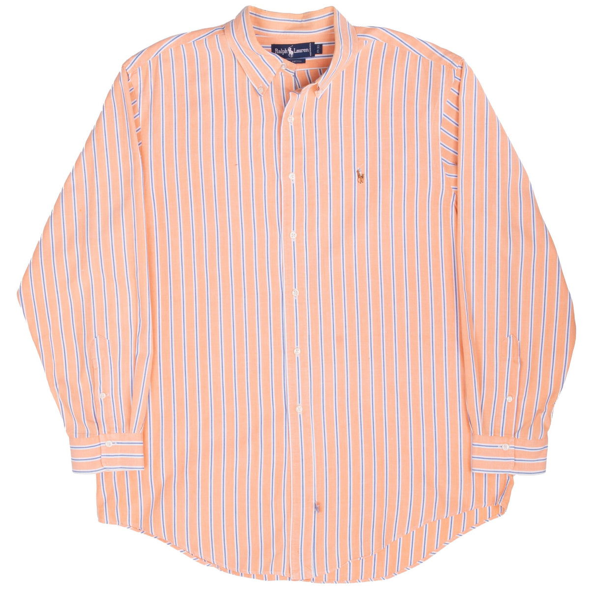 Full front view of striped Polo Ralph Lauren button-down shirt with curved shirttail hem