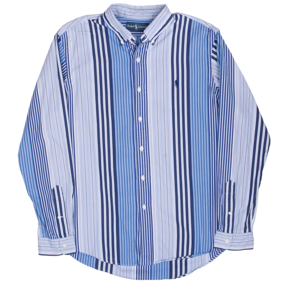 Front view of blue and white striped Polo Ralph Lauren button-down shirt