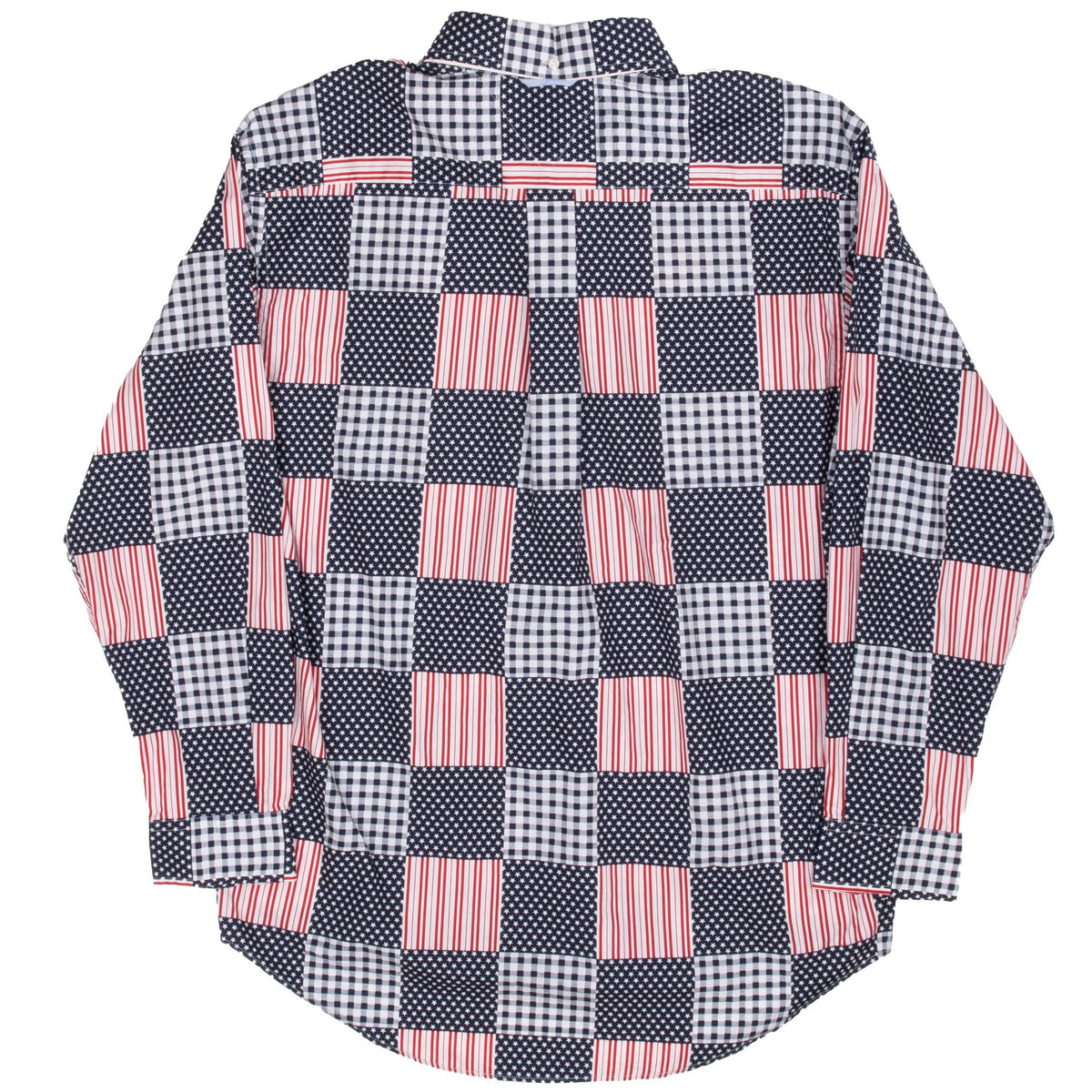 Back view of Tommy Hilfiger shirt with red, white and navy stars, stripes and gingham patchwork