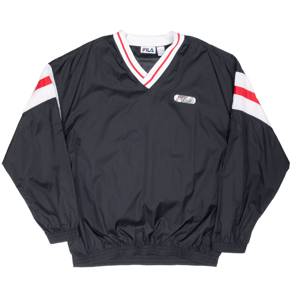 Front of black Fila pullover windbreaker with chest logo and red and white trim