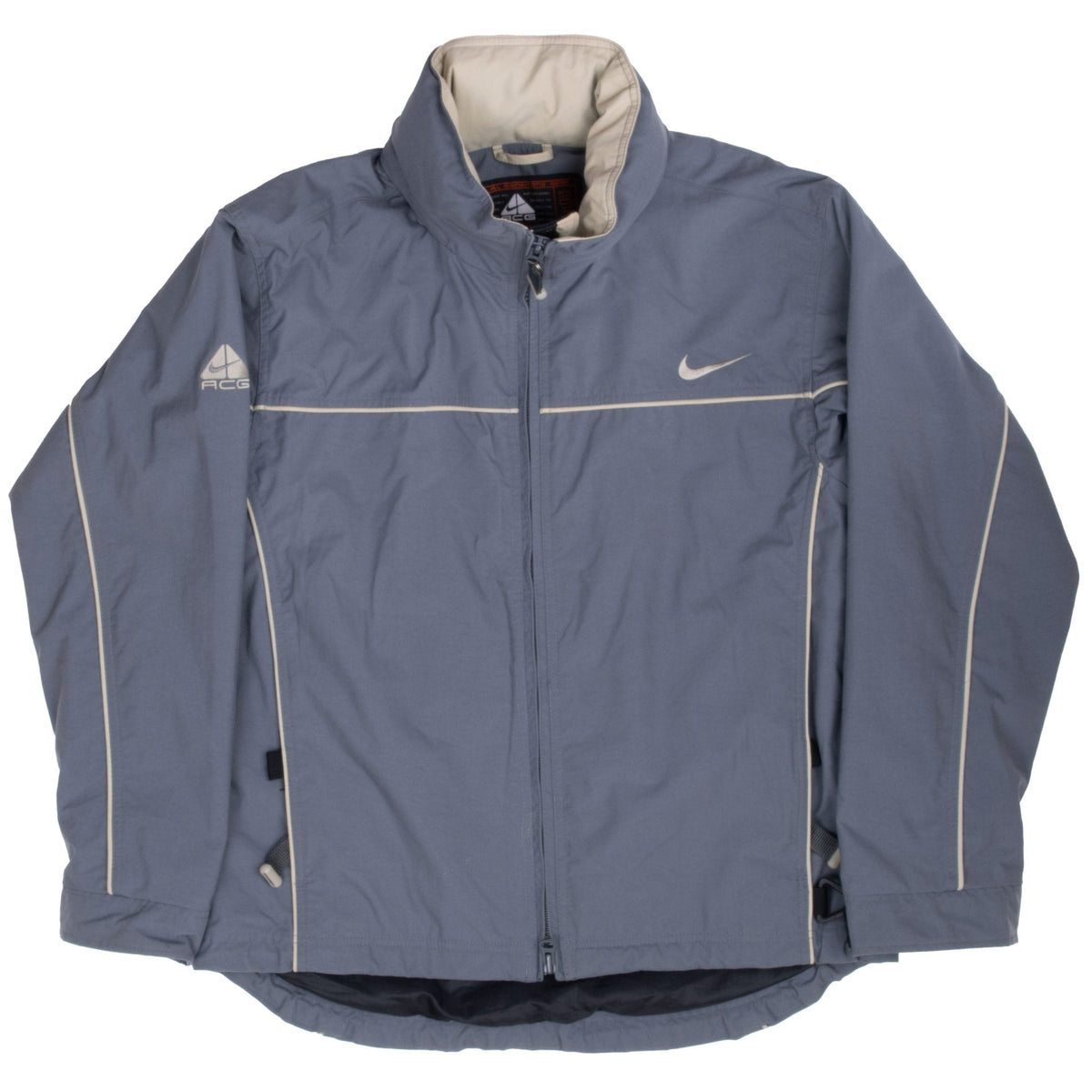 Full front view of grey Nike ACG windbreaker with zip pockets, contrast piping and high collar