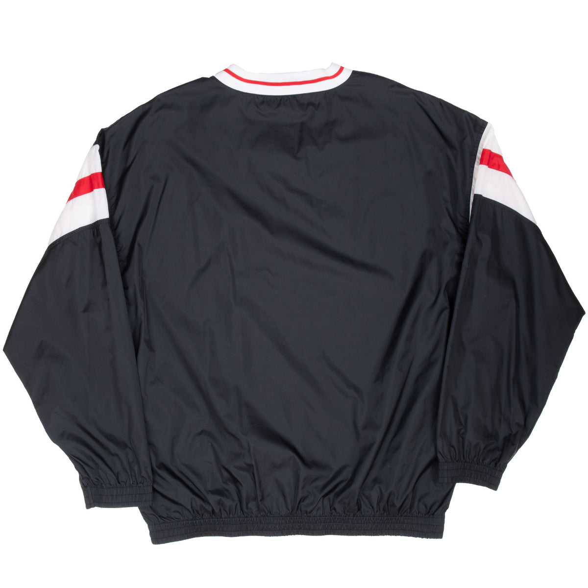 Back of black Fila pullover windbreaker with red and white shoulder stripes
