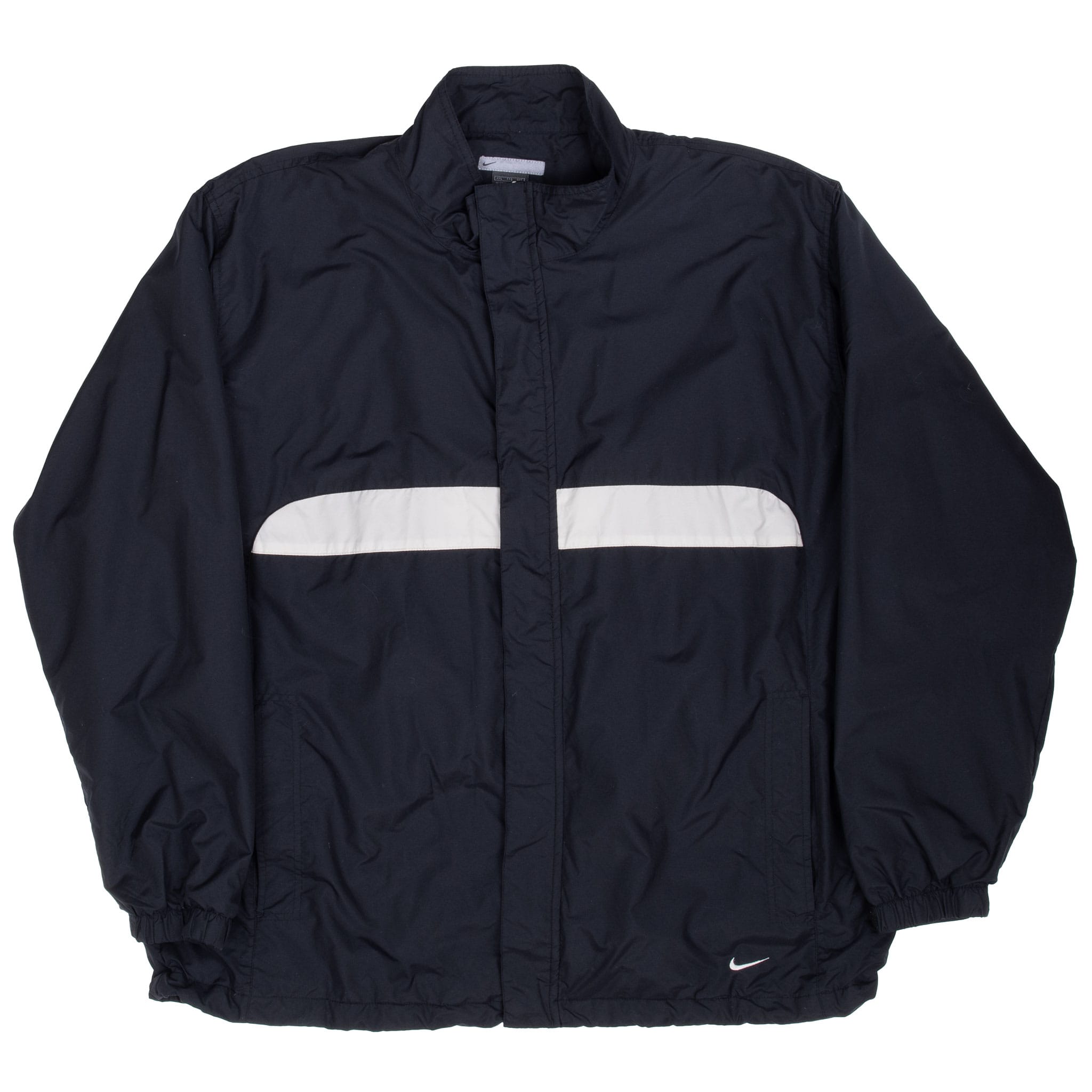 Full front view of black Nike windbreaker with stand collar, white stripe and hand pockets