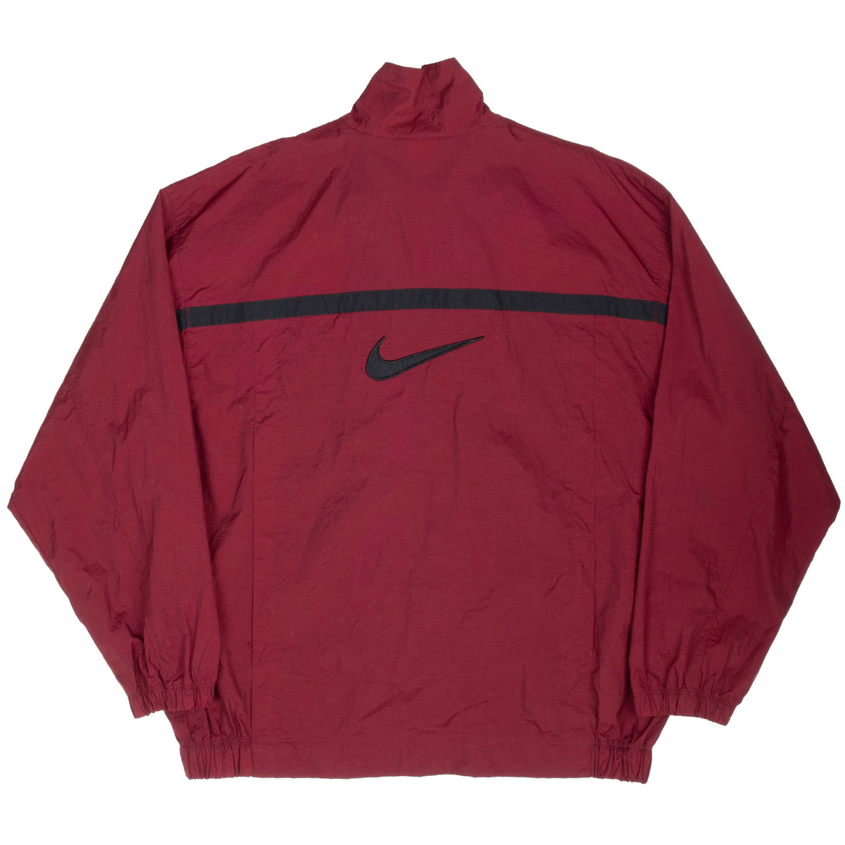 Back of burgundy Nike windbreaker with black stripe and large Swoosh