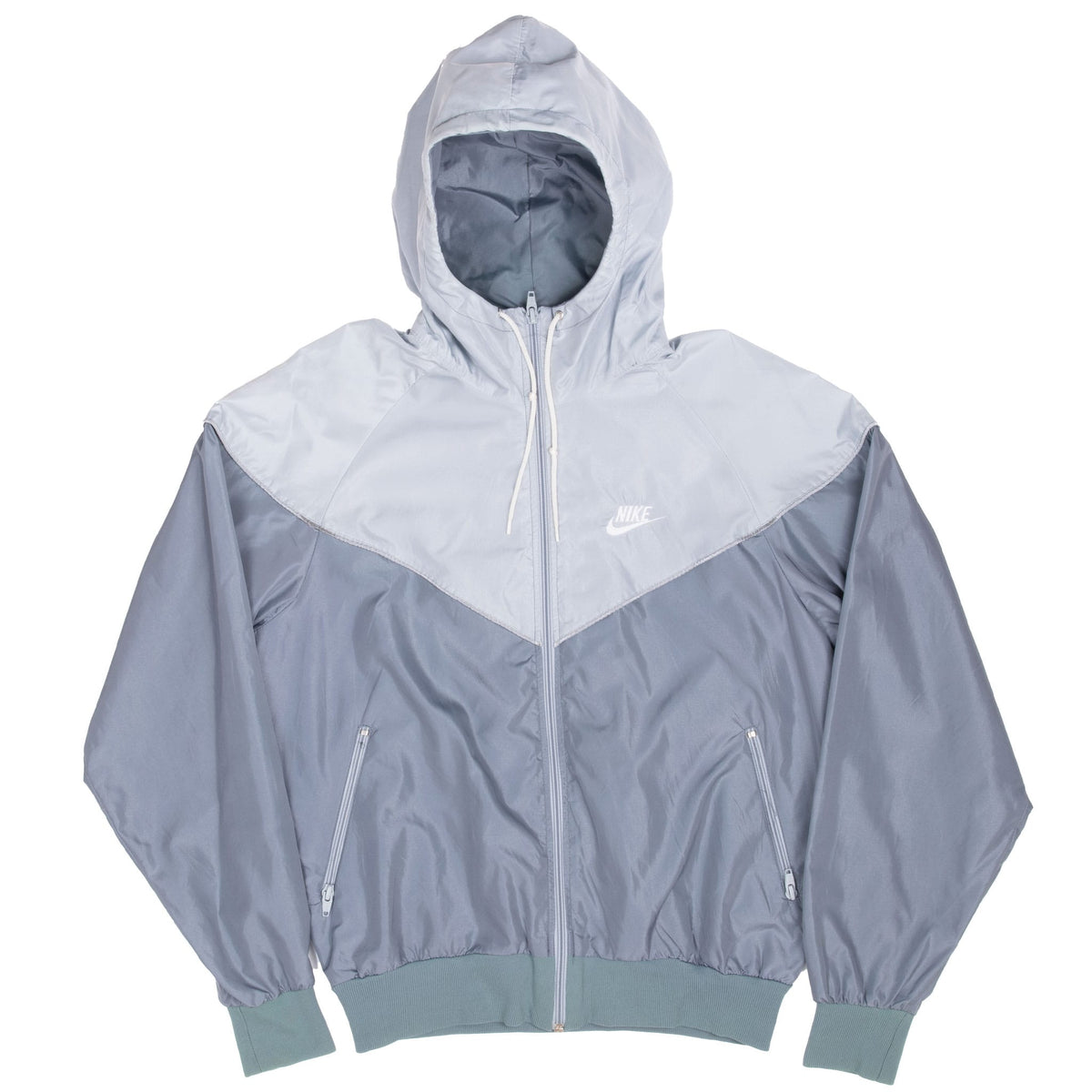 Full front view of grey Nike hooded jacket with light yoke, ribbed cuffs and hem