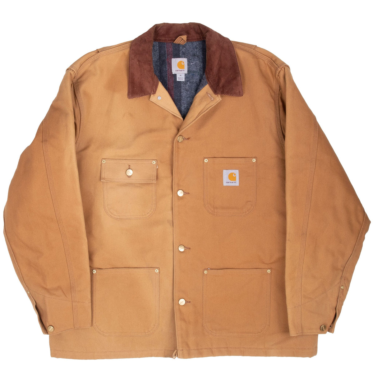 Full front of brown Carhartt Michigan chore jacket with contrast collar and four patch pockets