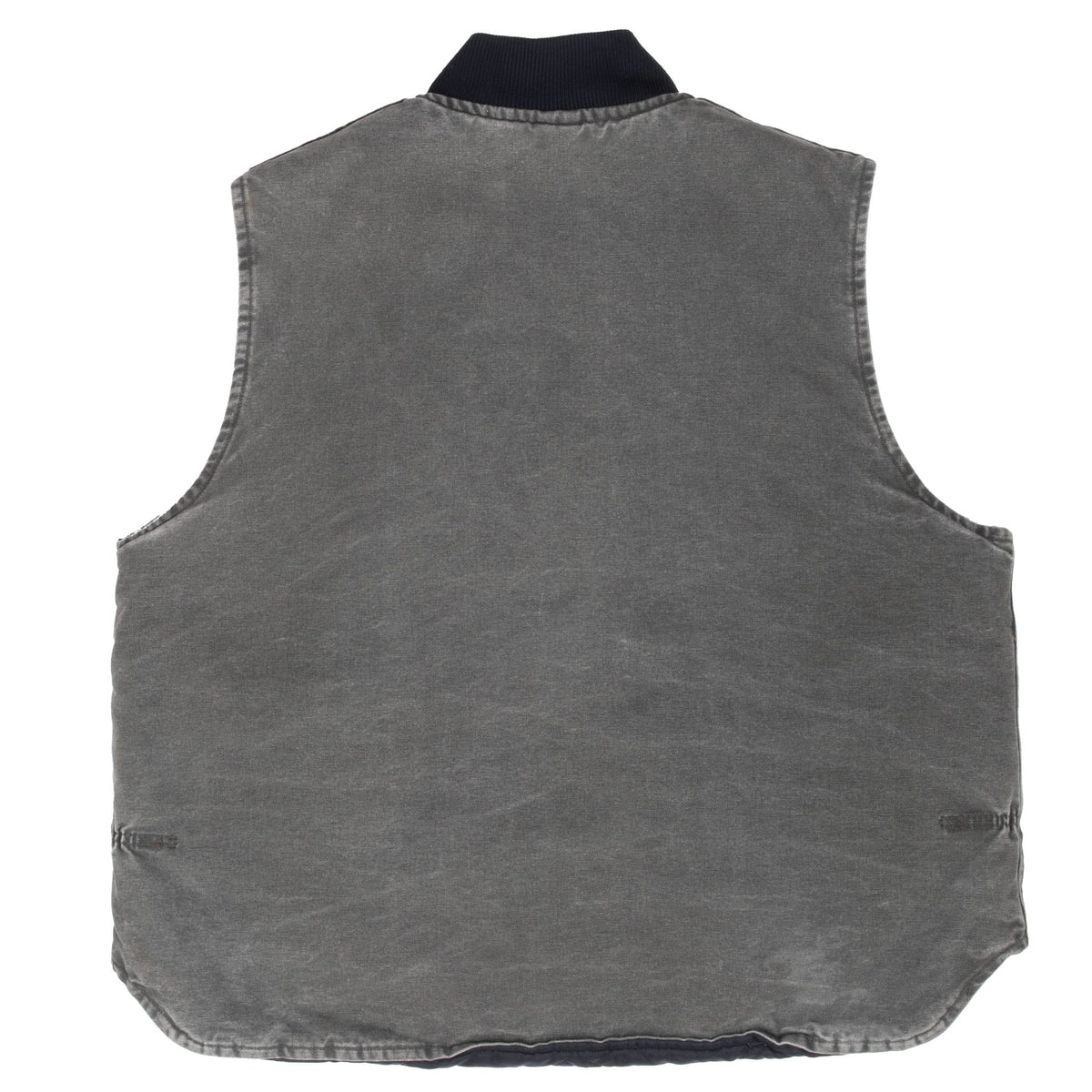 Back of faded green Carhartt vest with rib-knit collar and rounded rear hem