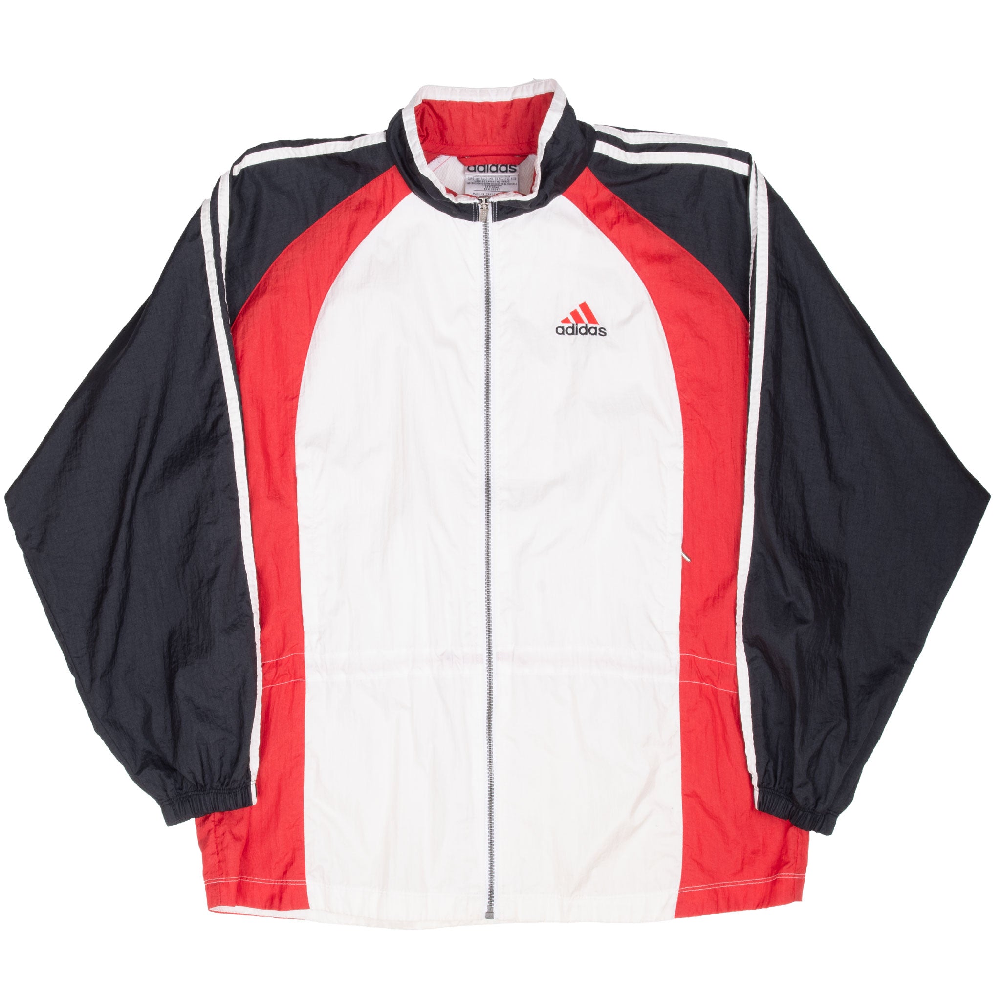 Front of Adidas zip-up windbreaker jacket in white, red, and black