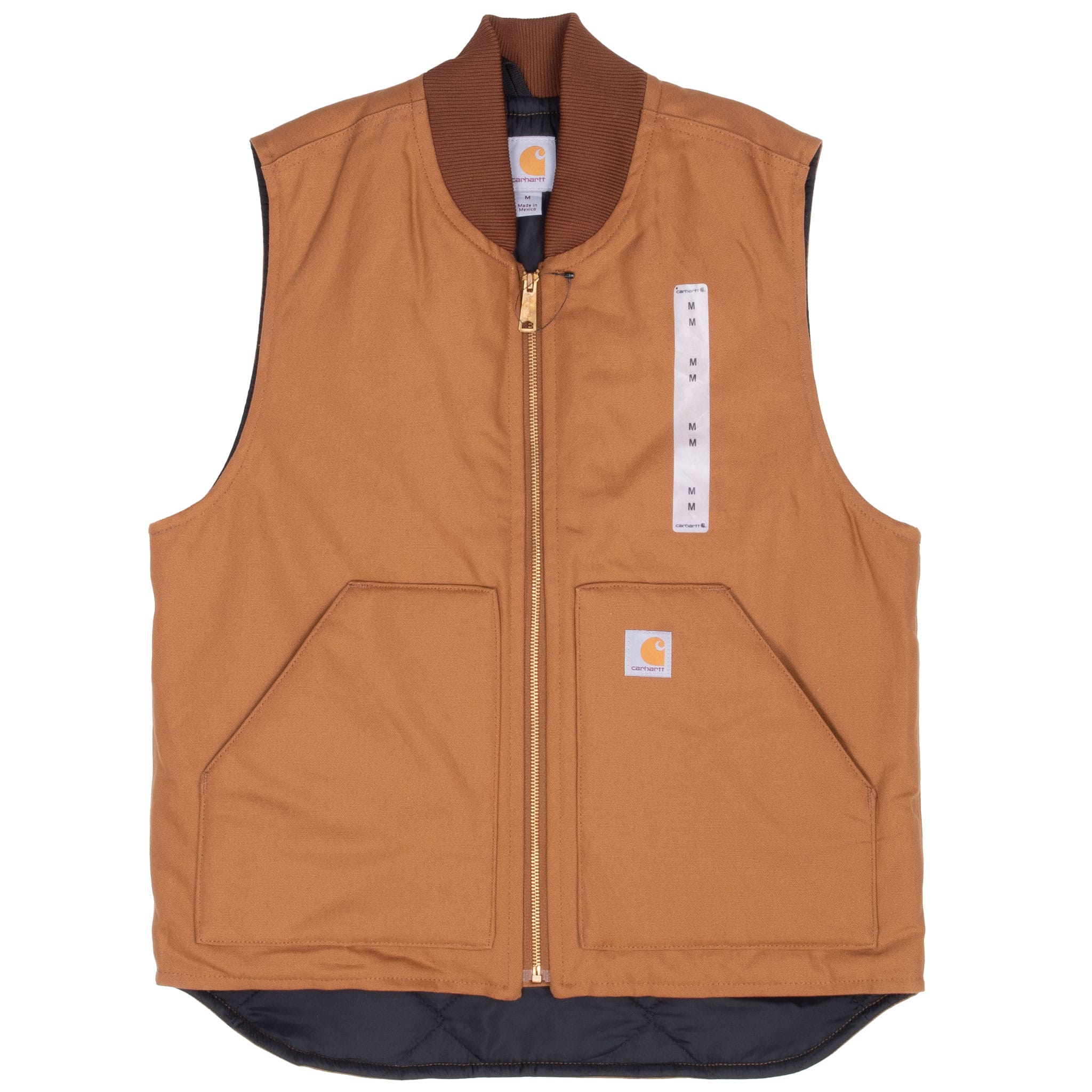 Front of brown Carhartt V01BRN vest showing patch pockets and curved quilt-lined drop-tail hem