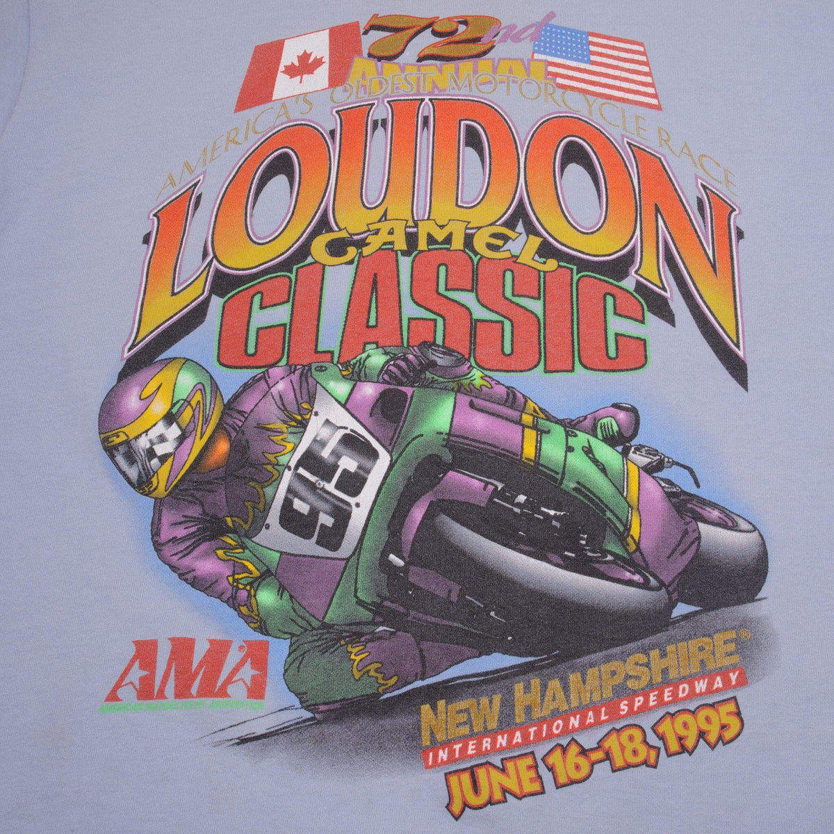 Close-up of 1995 AMA Loudon Camel Classic motorcycle racer front print with number 3 bike