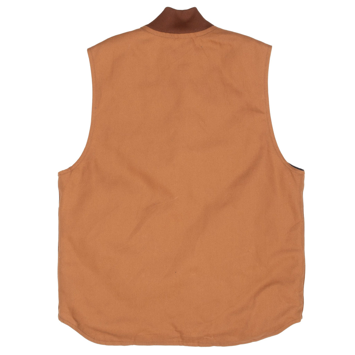 Back of brown Carhartt V01BRN vest with rib-knit collar and curved drop-tail hem