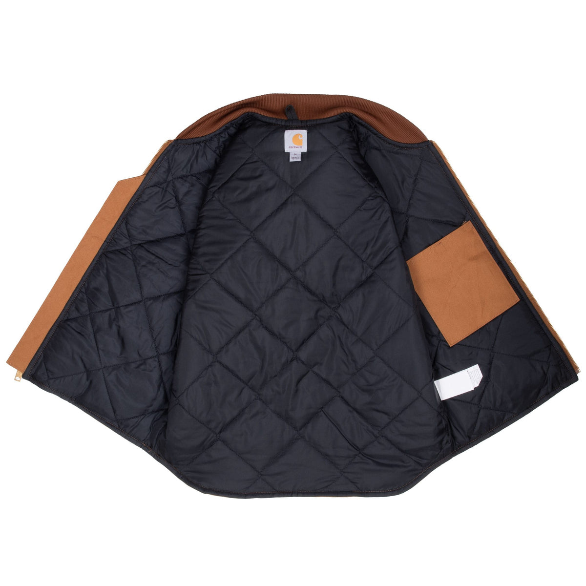 Open Carhartt V01BRN vest showing black diamond-quilted lining and interior pocket