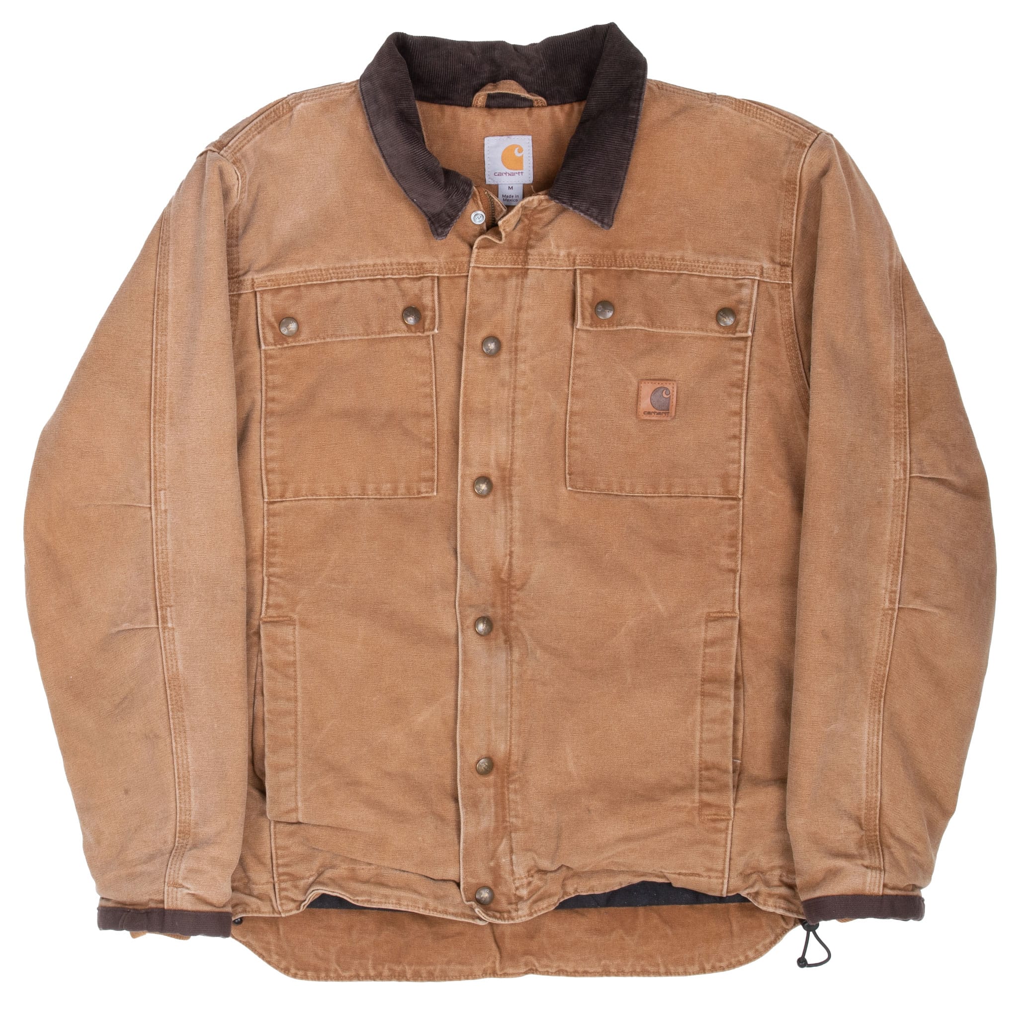 Front of brown Carhartt jacket showing snap storm flap, lower hand pockets and drop-tail hem