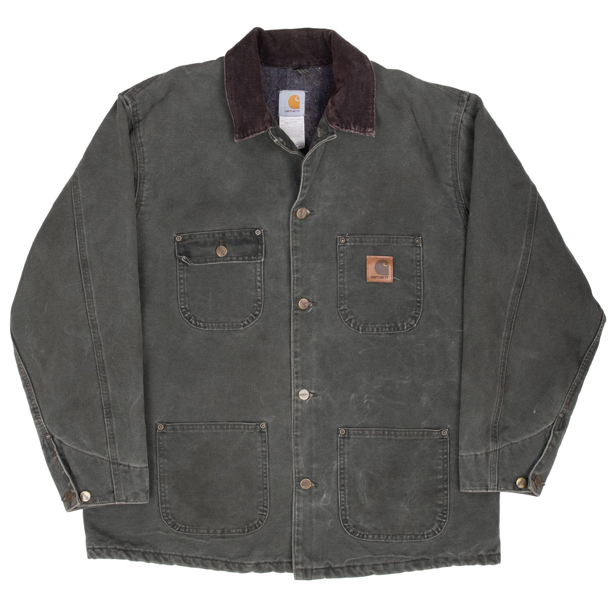 Full front of green Carhartt Michigan chore jacket with metal button closure and four patch pockets