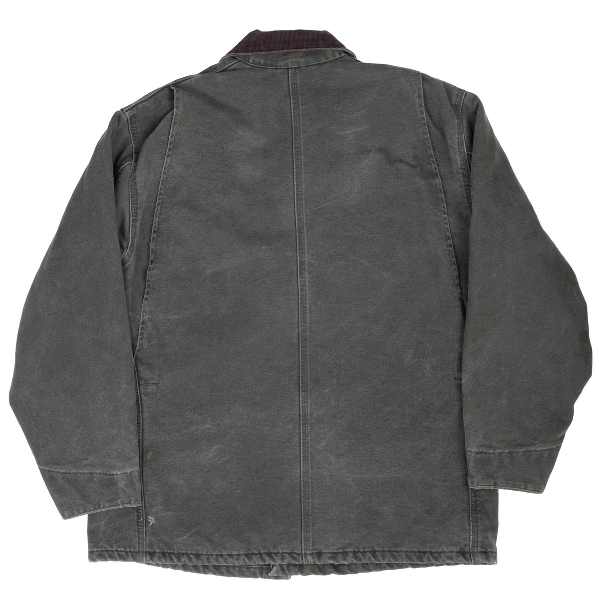 Back of green Carhartt Michigan chore jacket with center seam and contrasting corduroy collar