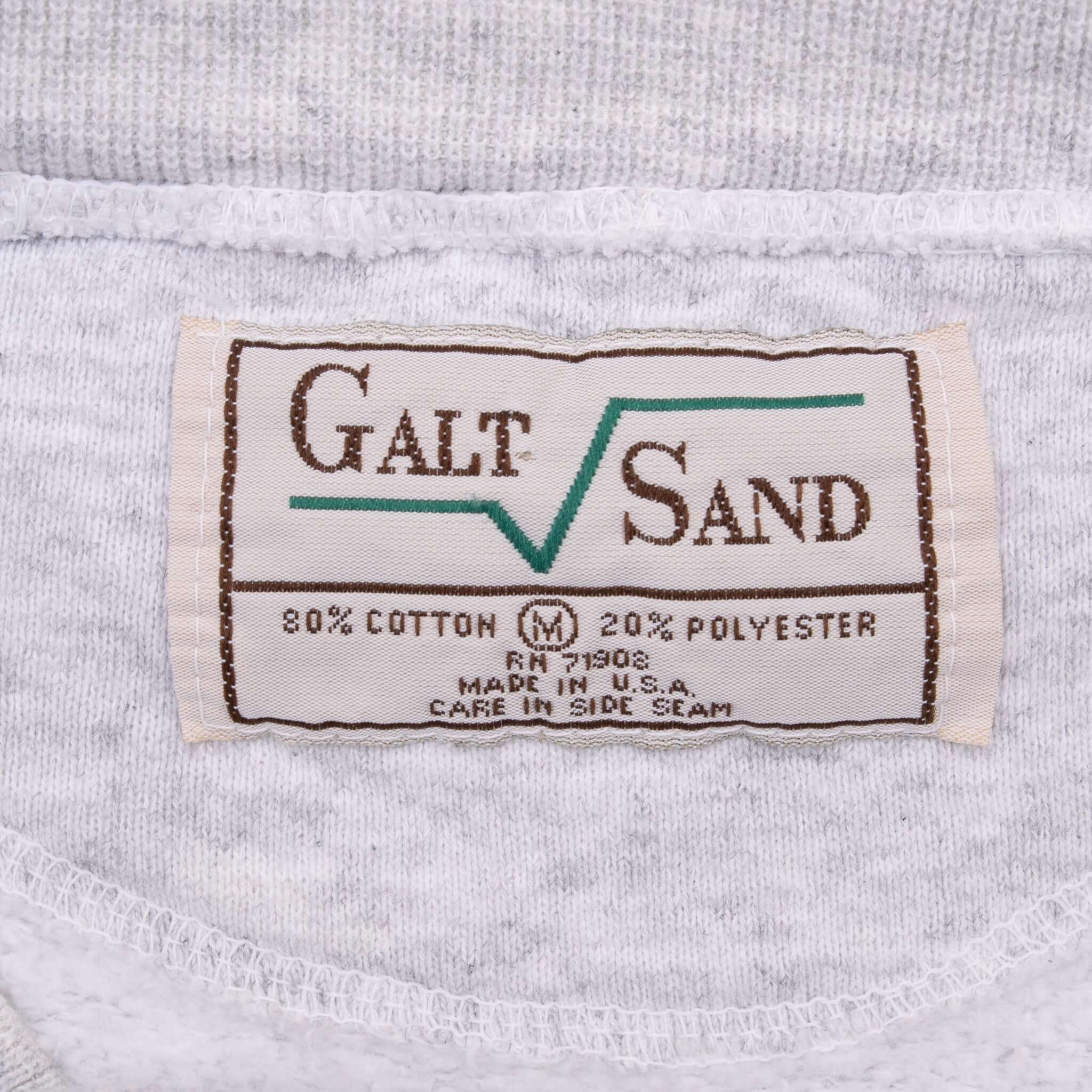 Galt Sand neck label on grey Stanford sweatshirt