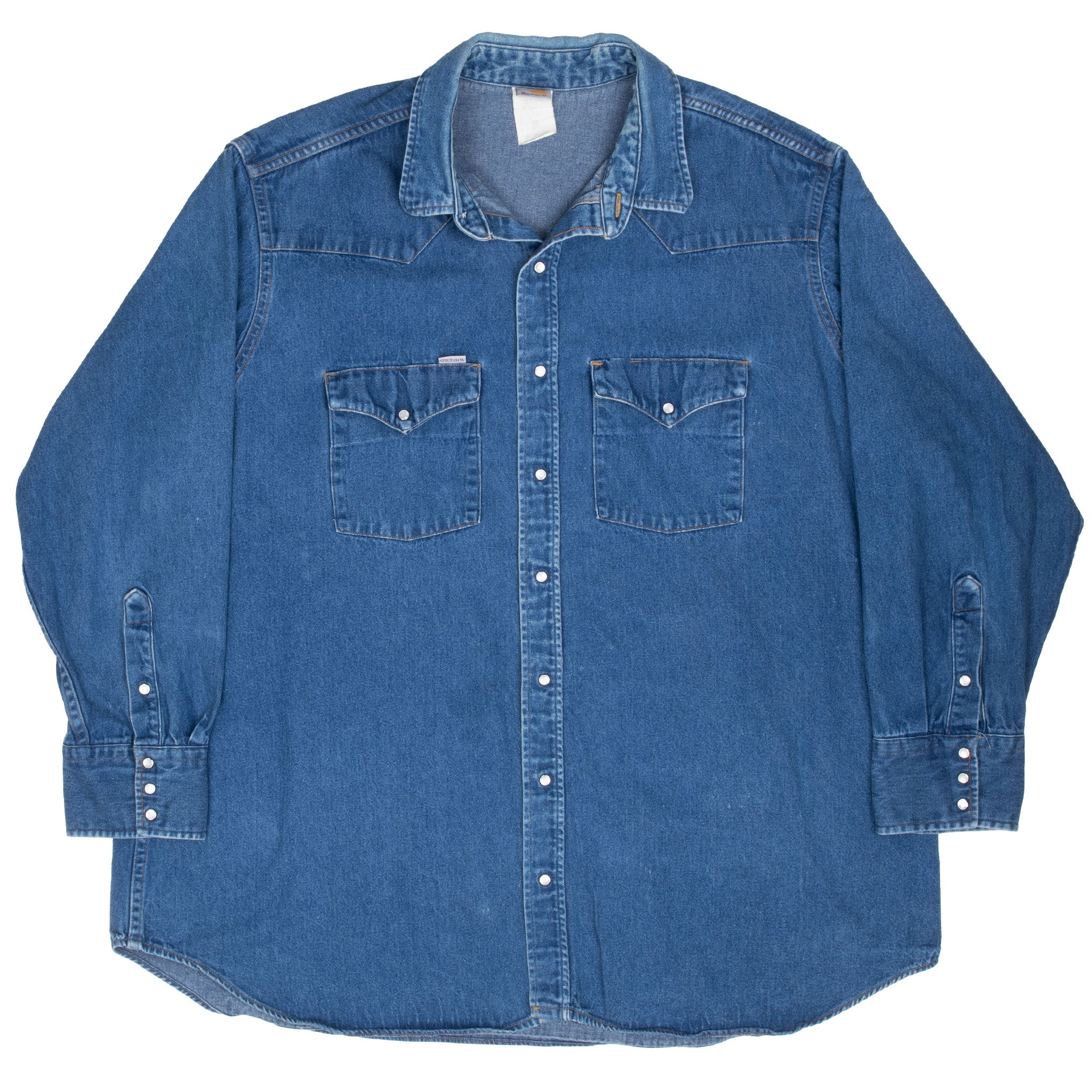 Full front view of blue Carhartt denim shirt with pearl snaps and long sleeves
