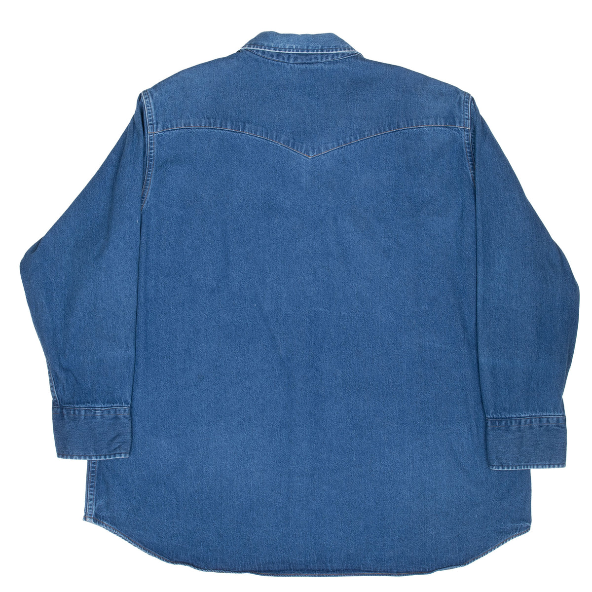 Back of blue Carhartt denim shirt with western-style shoulder yoke