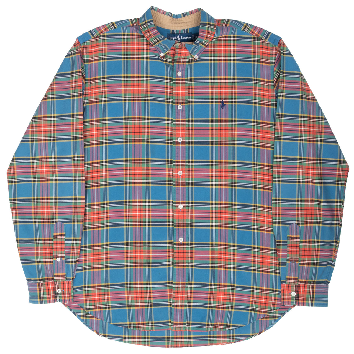 Front view of Ralph Lauren blue multicolor plaid button-down shirt