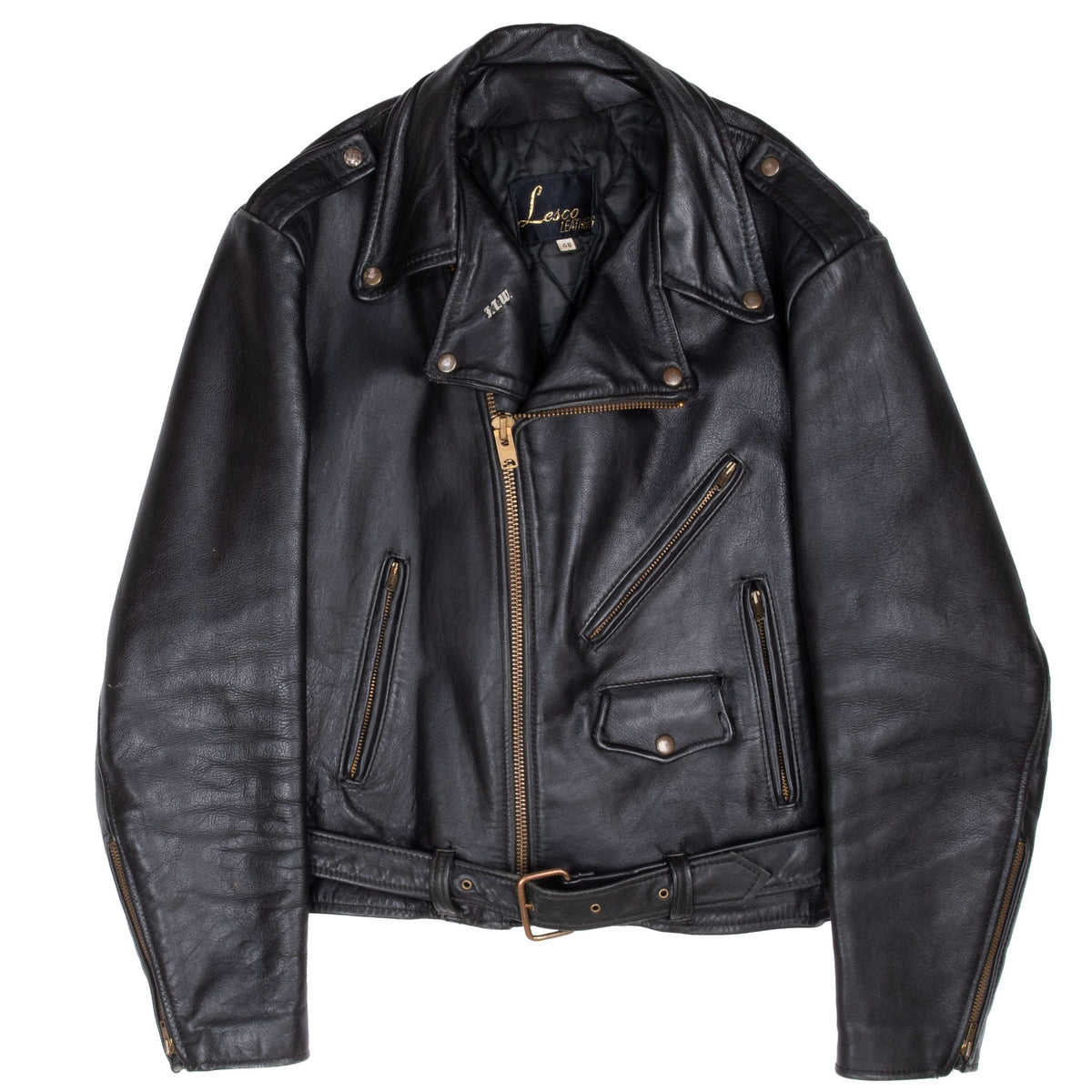Front of black Lesco leather motorcycle jacket with zippered pockets and buckled waist belt