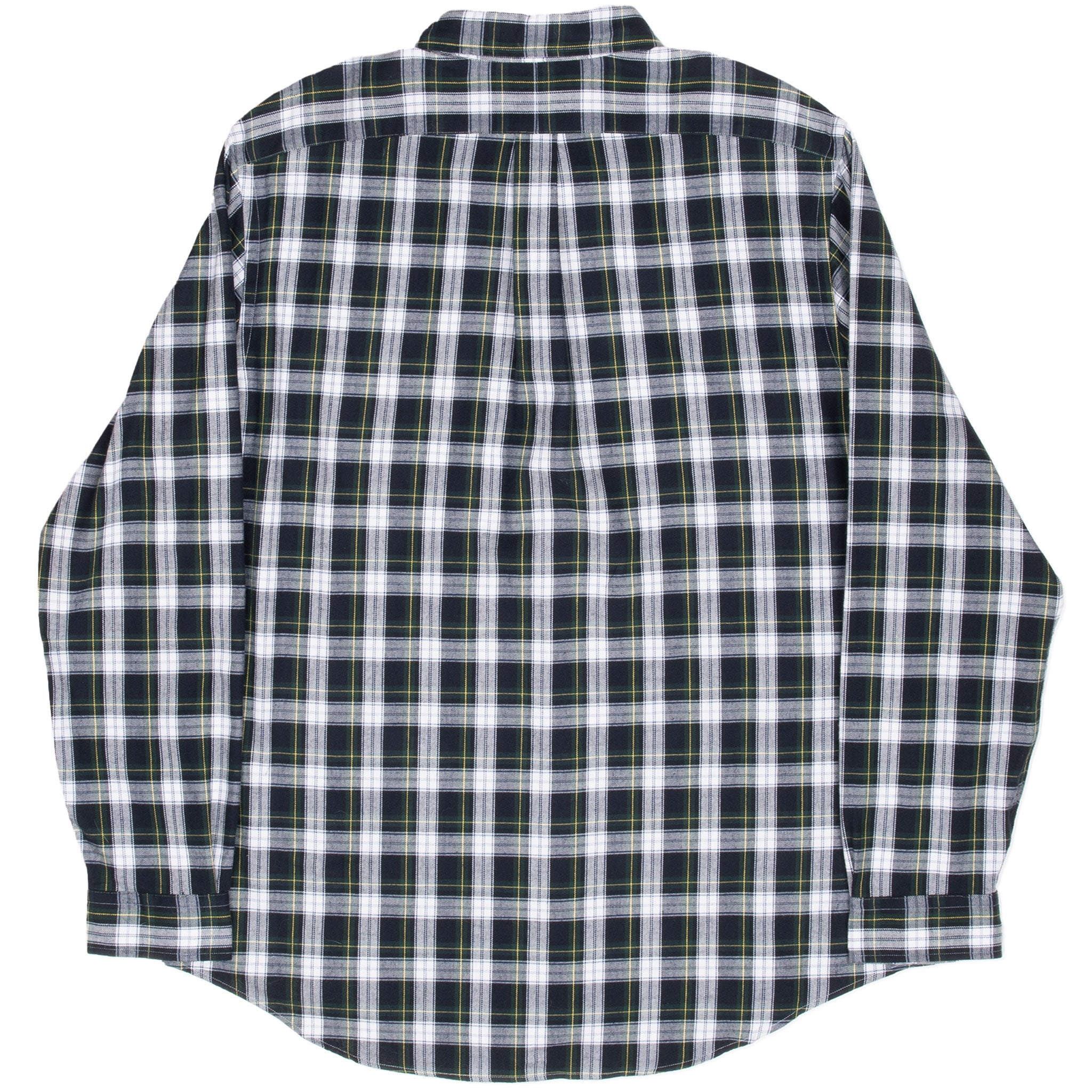Back of Ralph Lauren long-sleeve shirt in navy, green, white, and yellow tartan plaid