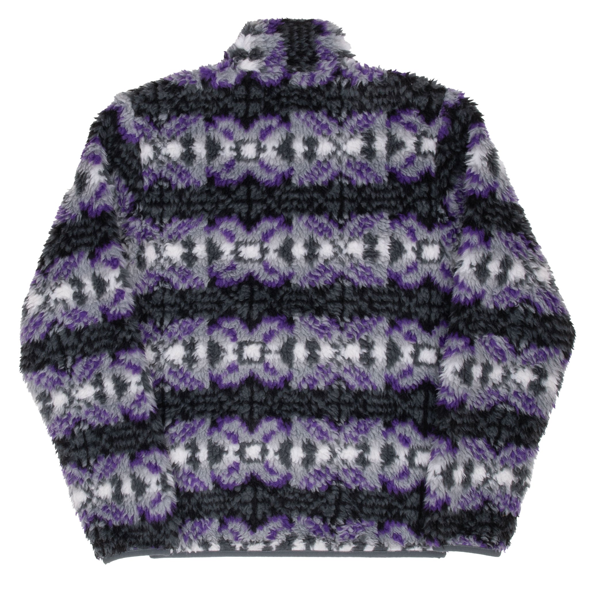 Back of Patagonia Retro-X fleece jacket with purple, gray, white and black pattern
