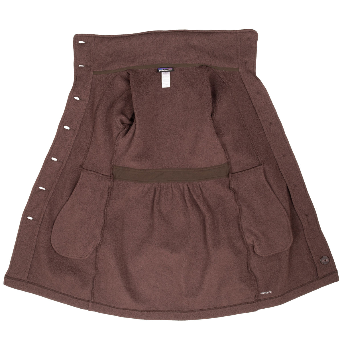 Open interior of Patagonia Better Sweater coat showing fleece lining and pockets