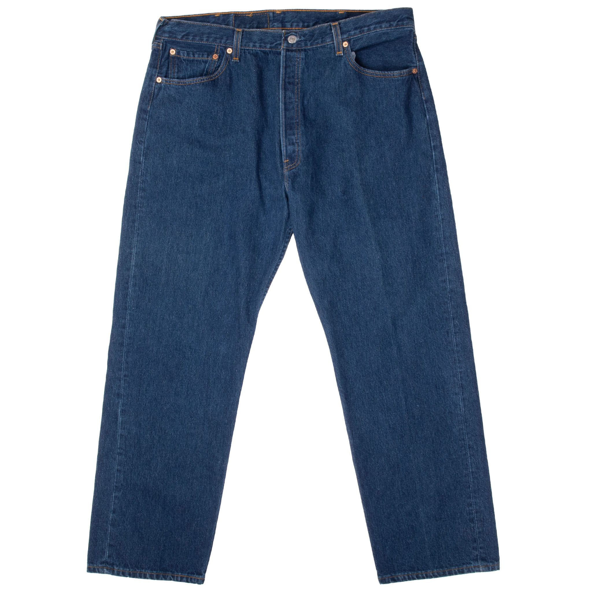 Front view of Levi's 501 indigo blue jeans with five-pocket styling and contrast stitching