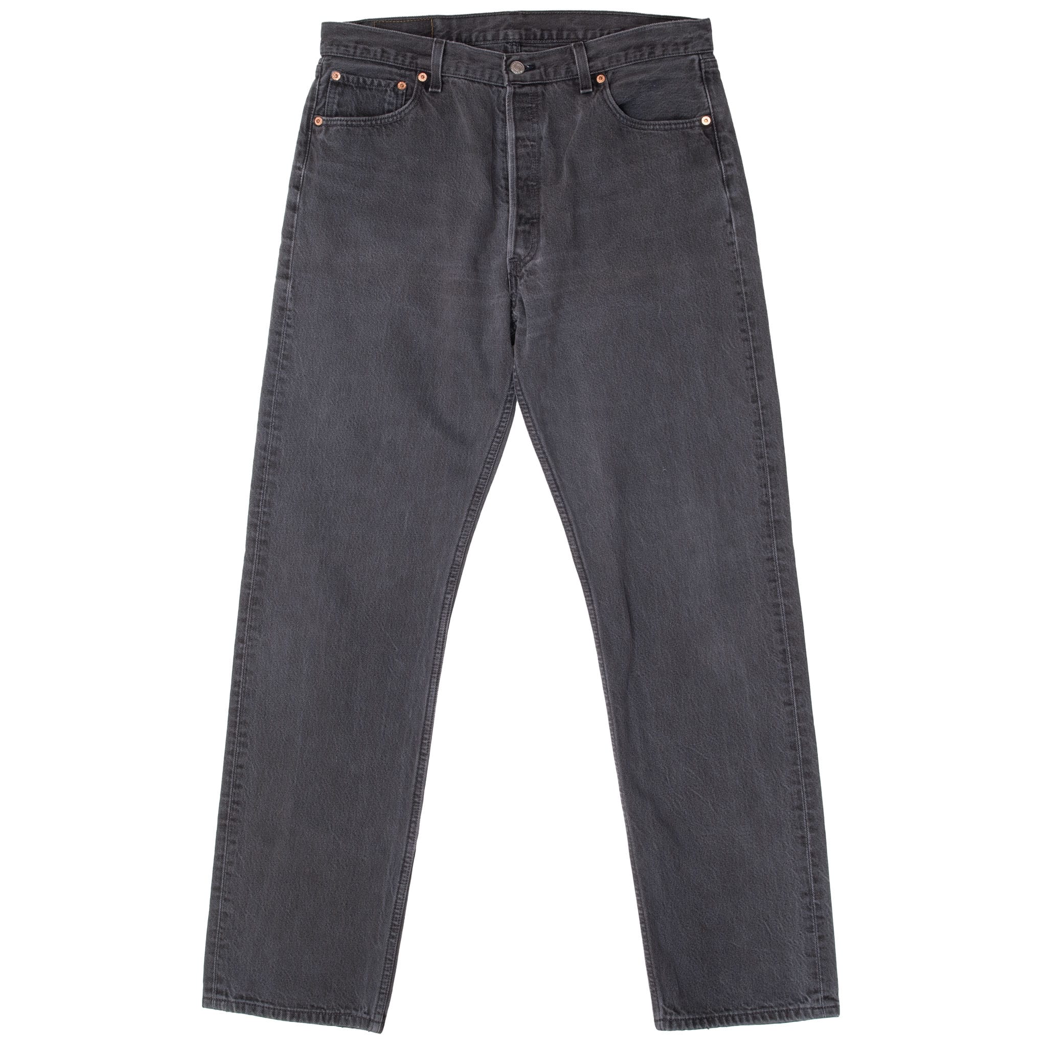 Front view of Levi's 501 washed black five-pocket jeans