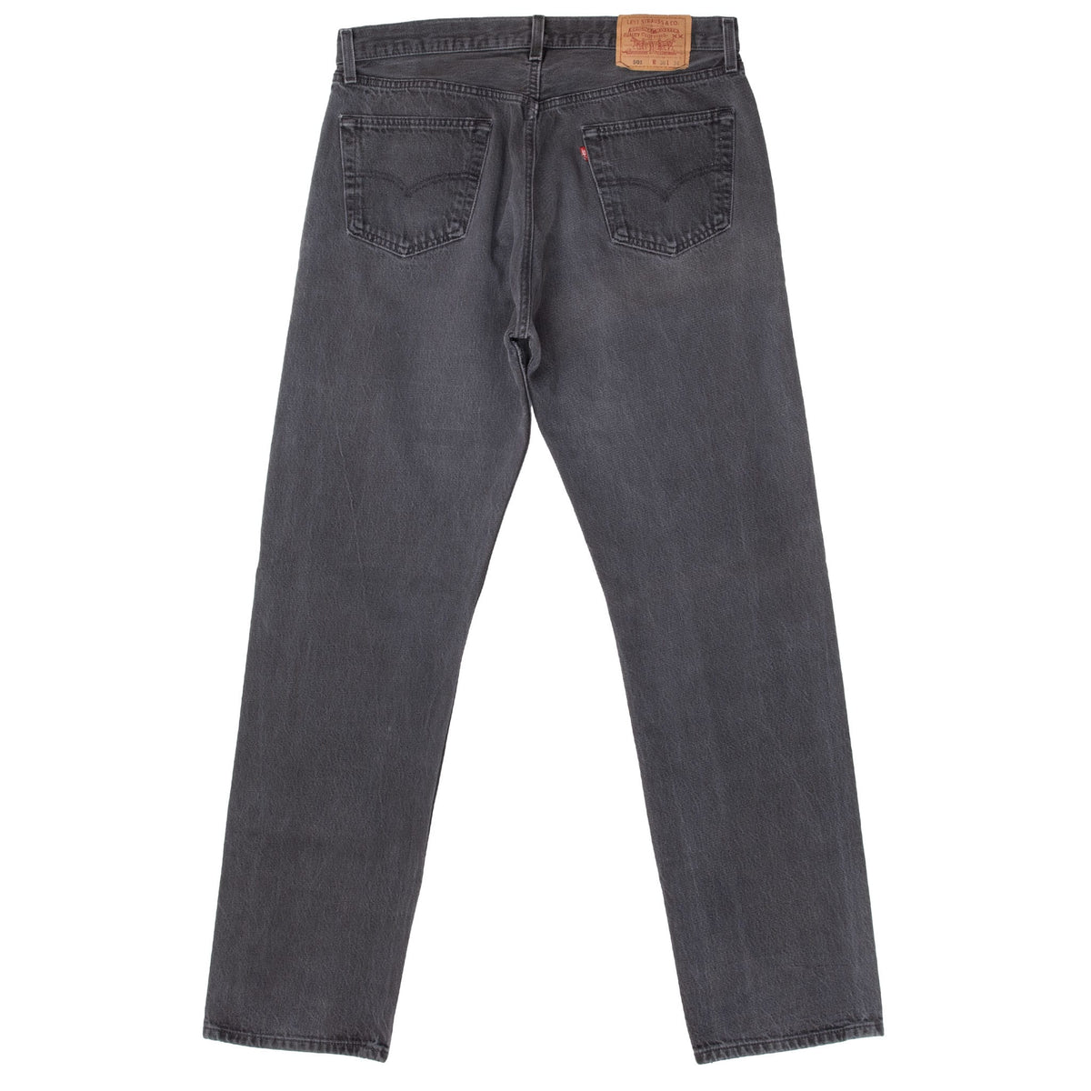 Back view of Levi's 501 washed black jeans with arcuate pockets and waist patch