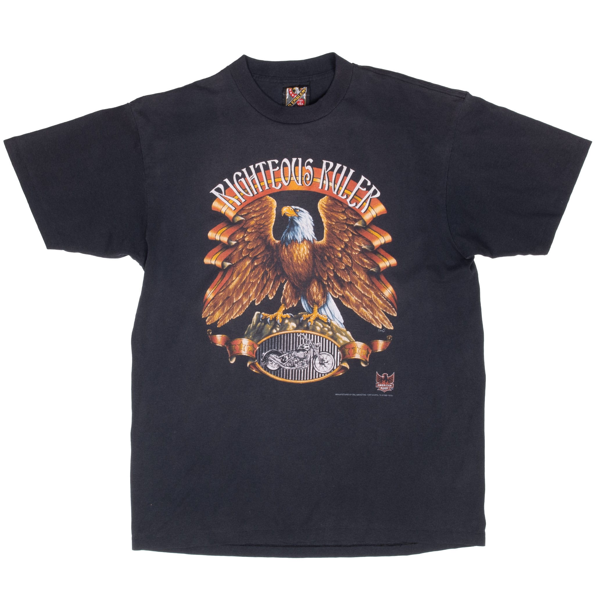 Full front of black 3D Emblem Righteous Ruler biker T-shirt with eagle graphic