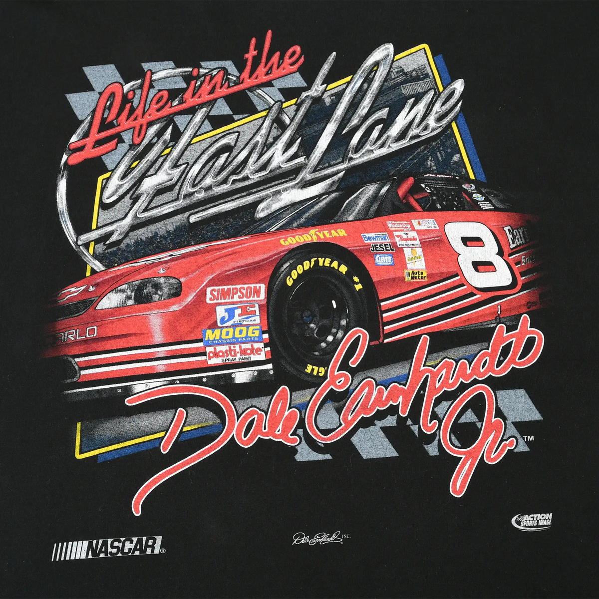 Close-up of back print with Life in the Fast Lane, Dale Earnhardt Jr. and red No. 8 car