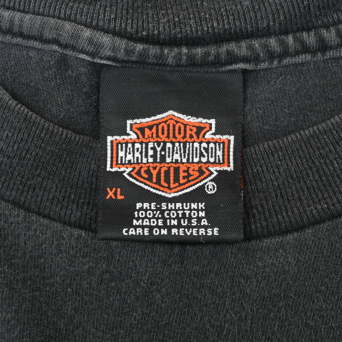 Harley-Davidson Motor Cycles neck tag marked XL, pre-shrunk 100% cotton, Made in U.S.A.