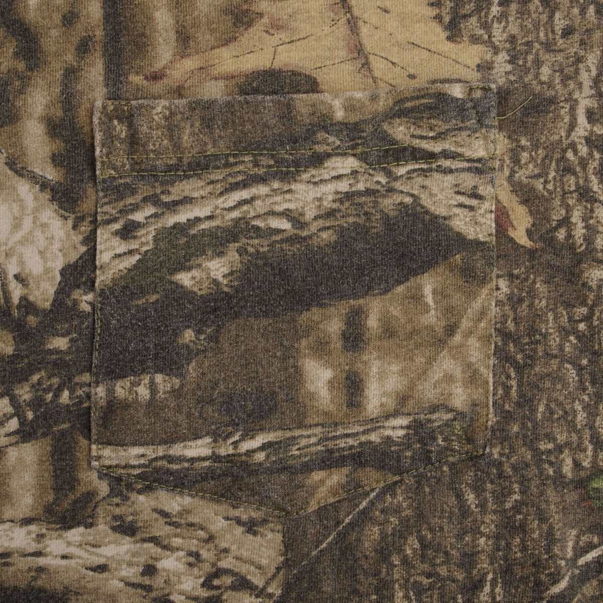 Close-up of chest pocket blending into the Mossy Oak camouflage print
