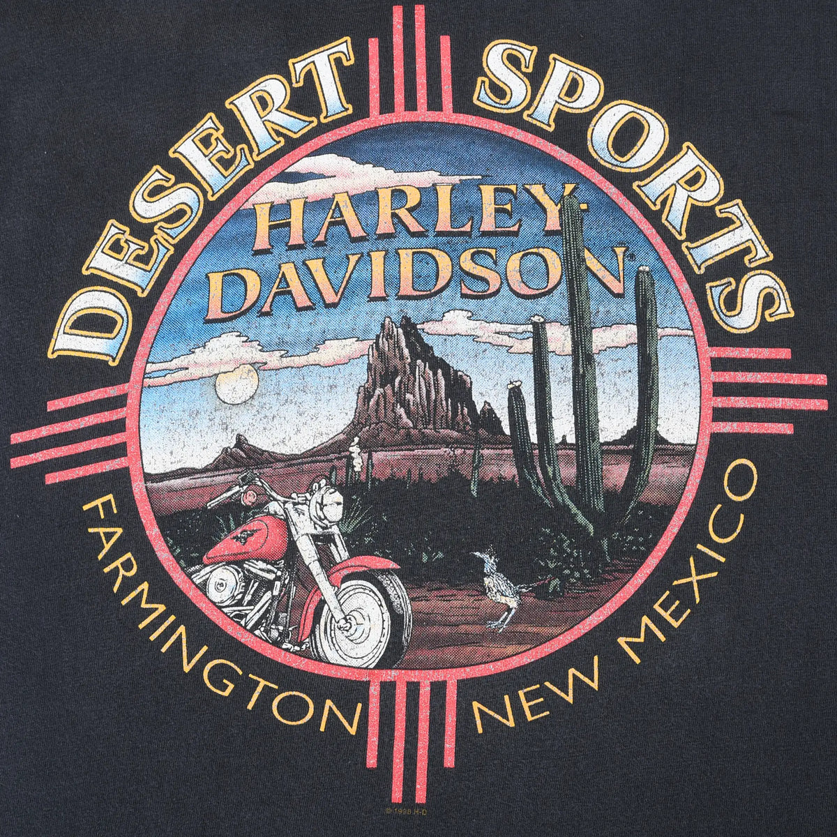 Close-up of Desert Sports Harley-Davidson Farmington, New Mexico back print with motorcycle and cacti