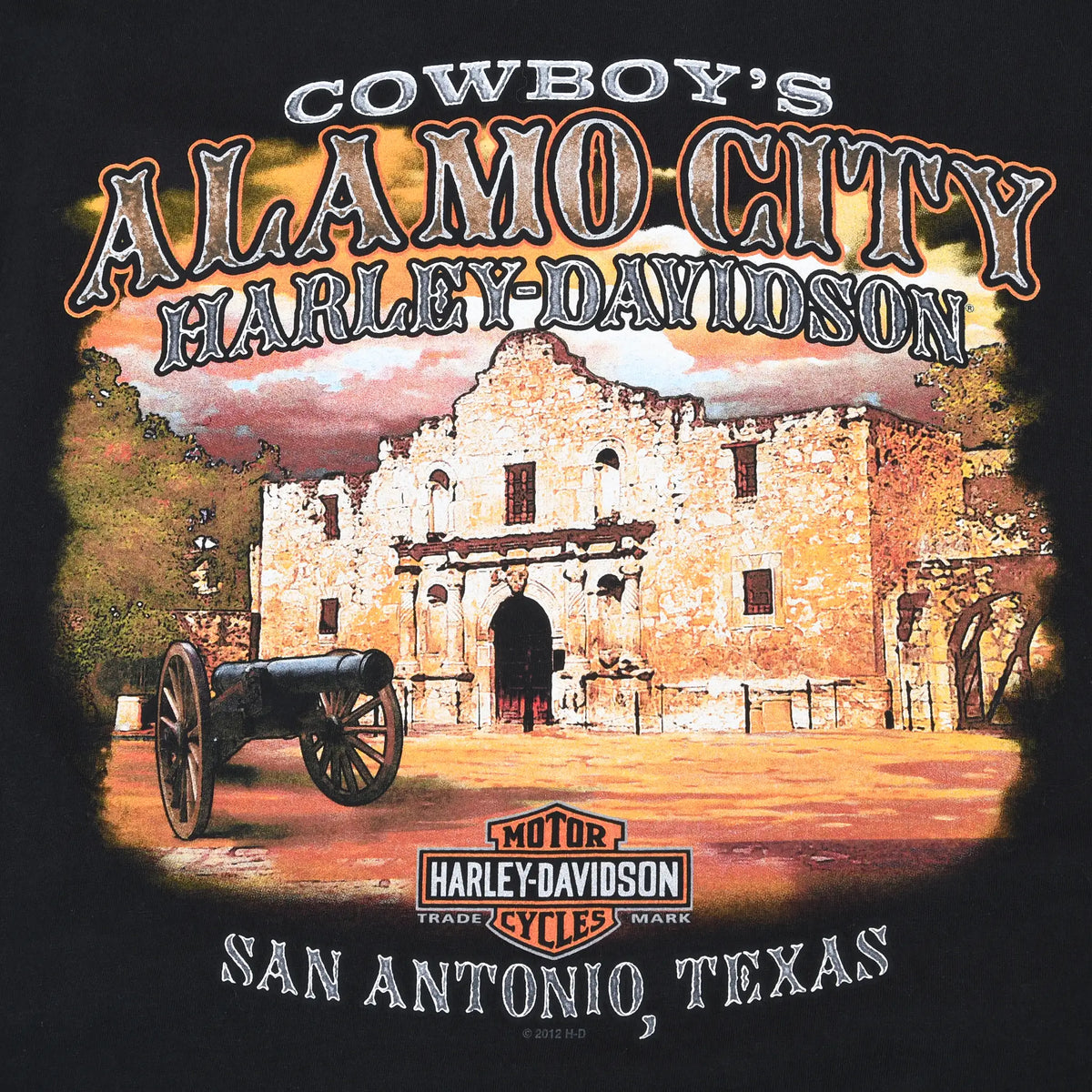 Close-up of Cowboy's Alamo City Harley-Davidson back graphic with the Alamo and cannon